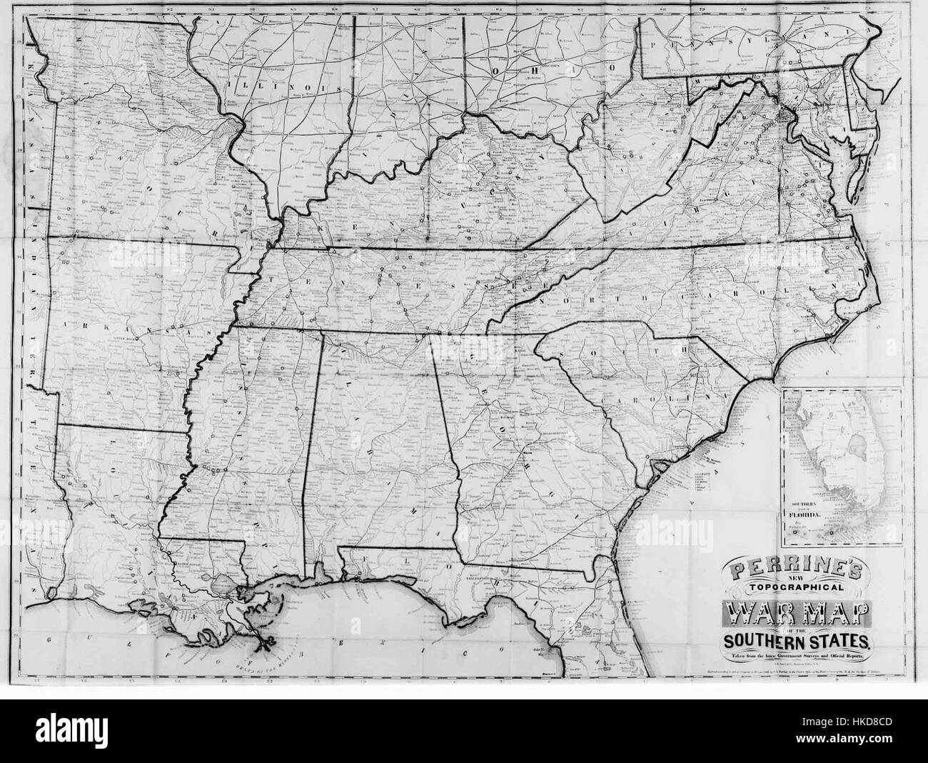 La Topographical War Map di Perrine, creata nel 1863, fornisce una rappresentazione visiva dettagliata delle posizioni dei campi di battaglia durante la guerra di secessione americana. La mappa è stata progettata per aiutare nella strategia militare e ha un significato storico nella comprensione della geografia della guerra civile. Foto Stock