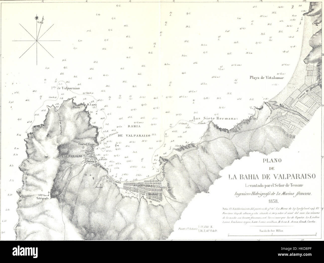Questa è una mappa storica di Valparaíso del 1838, raffigurante la disposizione della città in quel momento. La mappa evidenzia punti di riferimento significativi e riflette la pianificazione urbana durante il XIX secolo. Foto Stock