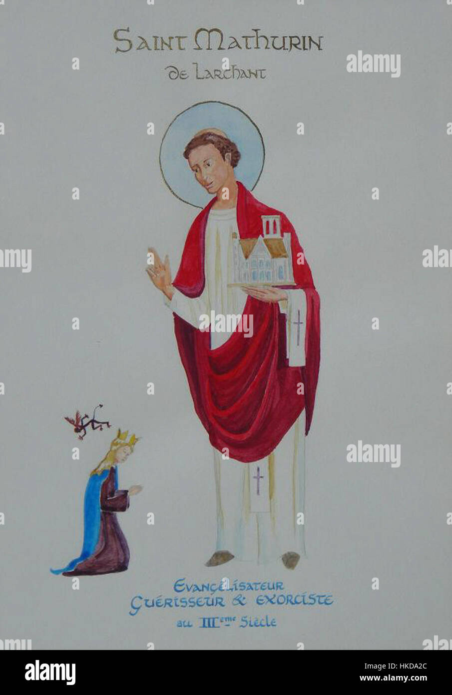 Questo dipinto di San Mathurin di Larchant ritrae il santo patrono della malattia mentale e di coloro che soffrono di problemi di salute mentale, sottolineandone il significato in contesti religiosi e storici. Foto Stock