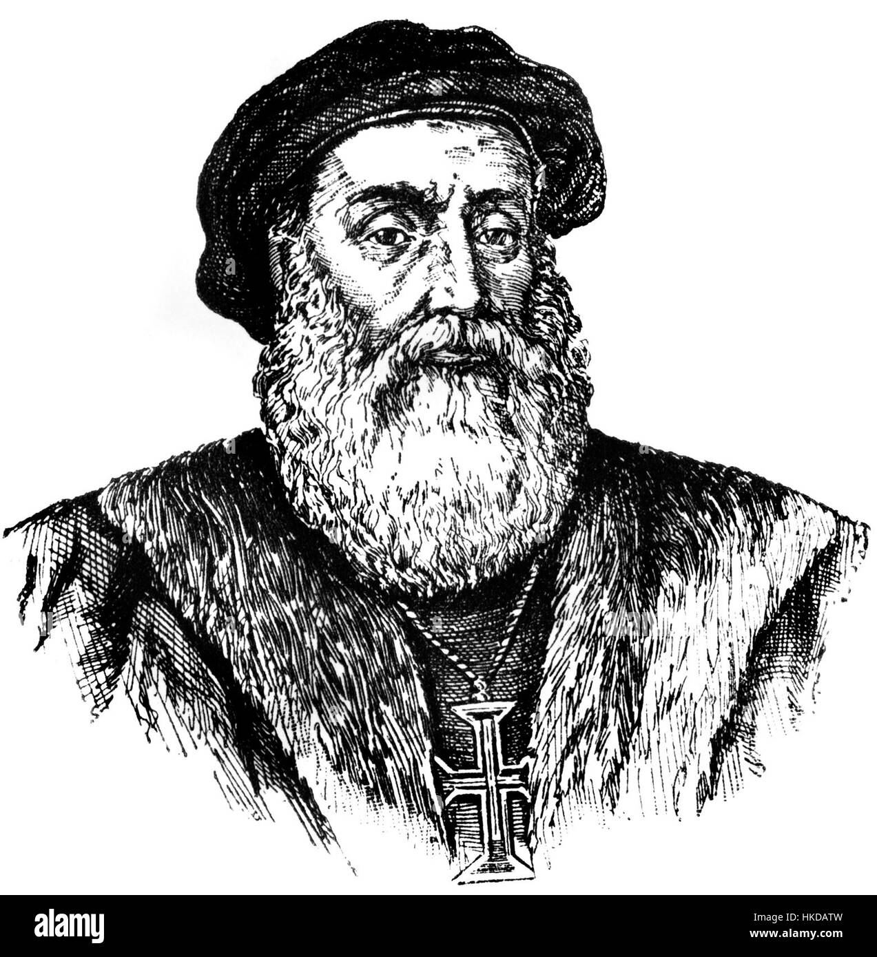 «Vasco da Gama nella storia degli Stati Uniti di Ellis» raffigura il famoso esploratore portoghese, Vasco da Gama, nel contesto dell'esplorazione storica, che mostra il suo impatto sul commercio mondiale e sulla navigazione durante l'era delle scoperte. Foto Stock