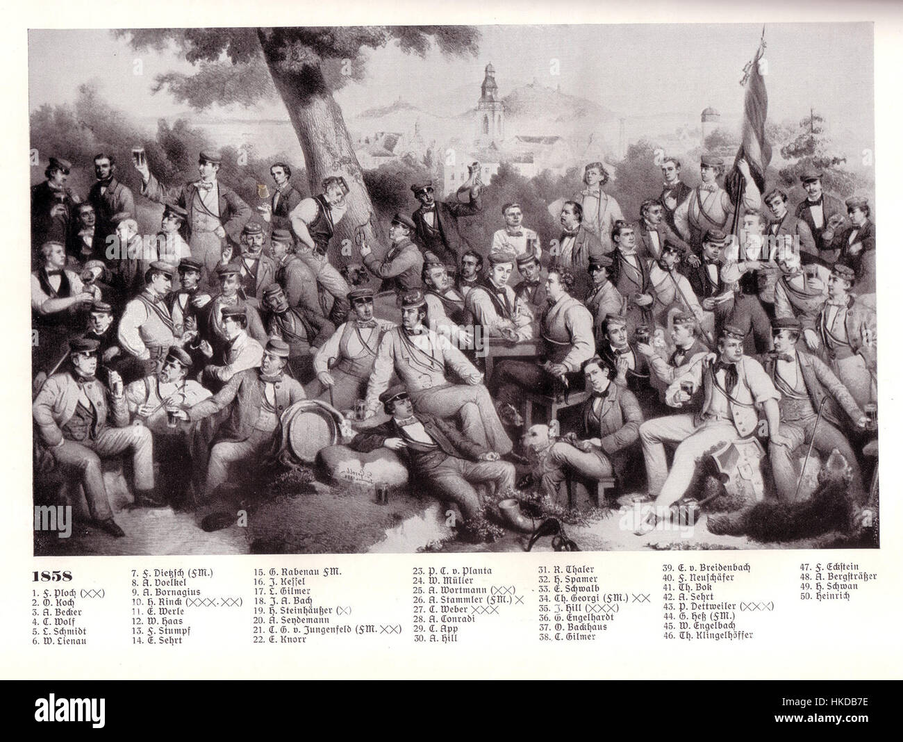 "Teutonia 1858" è un dipinto storico ad olio che raffigura un momento o una scena chiave della vita tedesca del XIX secolo, catturando sia gli elementi culturali che sociali del periodo. Il dipinto riflette il tradizionale stile artistico tedesco e spesso enfatizza il realismo nel catturare la vita quotidiana e gli eventi storici. Foto Stock