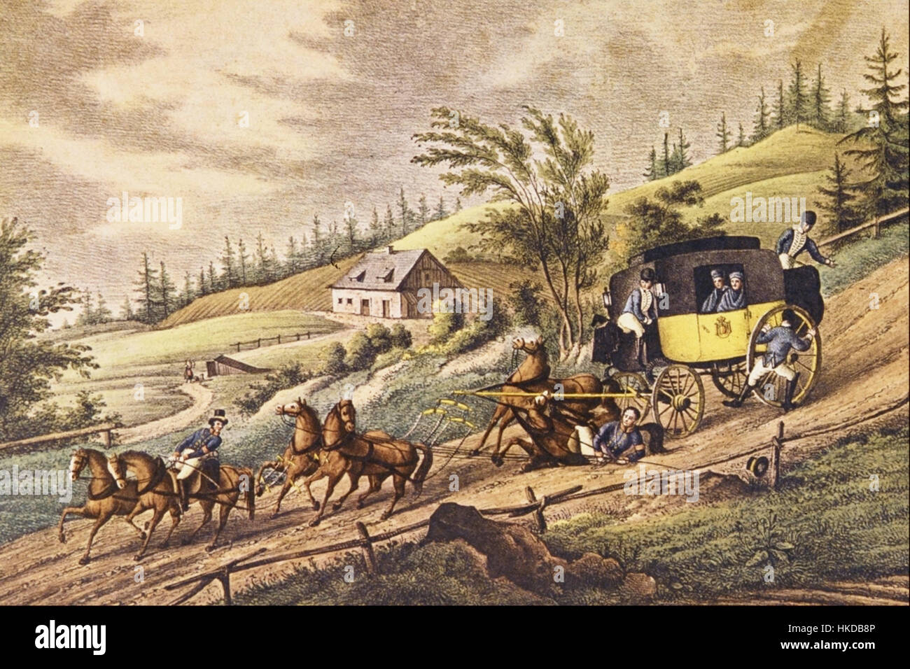 "The Duke of Orleans' mail Coach" di James Pollard descrive il viaggio in pullman del duca. Il dipinto mostra il trasporto del XIX secolo e il trasporto reale in vivaci dettagli. Foto Stock