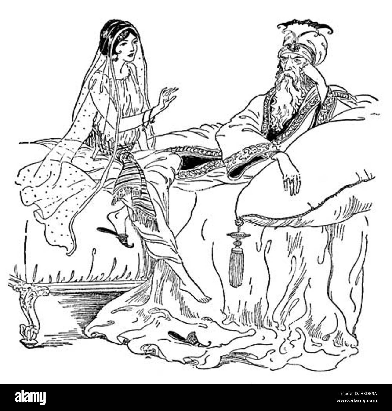 Un'illustrazione di *The Arabian Nights Entertainments*, raffigurante scene della famosa collezione di racconti popolari mediorientali. Questa opera d'arte cattura le intricate narrazioni e i personaggi vivaci tipici dei racconti, mostrando l'approccio dettagliato dell'artista alla narrazione visiva. Foto Stock