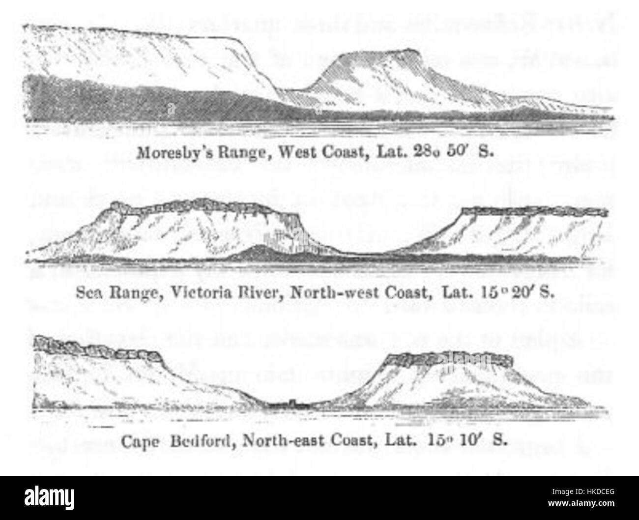 Questo dipinto, parte della serie "Discoveries in Australia", illustra Moresbys Range, Sea Range e Cape Bedford. Questi paesaggi sono significativi nella storia dell'esplorazione australiana e delle prime mappe della costa settentrionale. Foto Stock