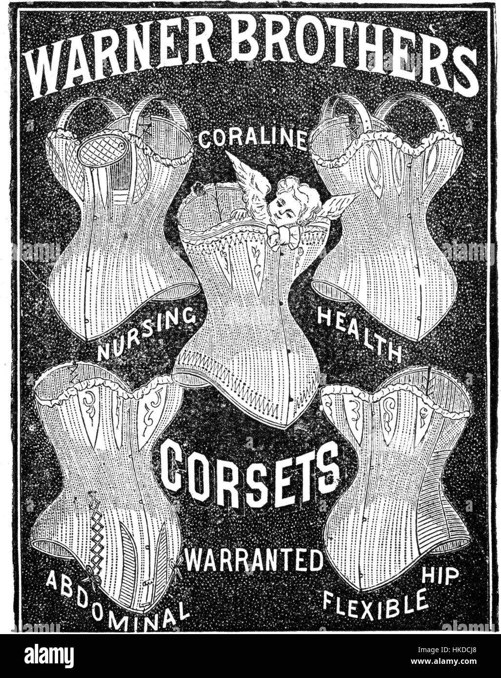 Le opere d'arte *Coraline Corsets*, prodotte dalla Warner Bros., riflettono l'intricato design e l'artigianato dei corsetti presenti nel film d'animazione *Coraline*. La rappresentazione dettagliata evidenzia la combinazione di fantasia e moda nella direzione artistica del film. Foto Stock