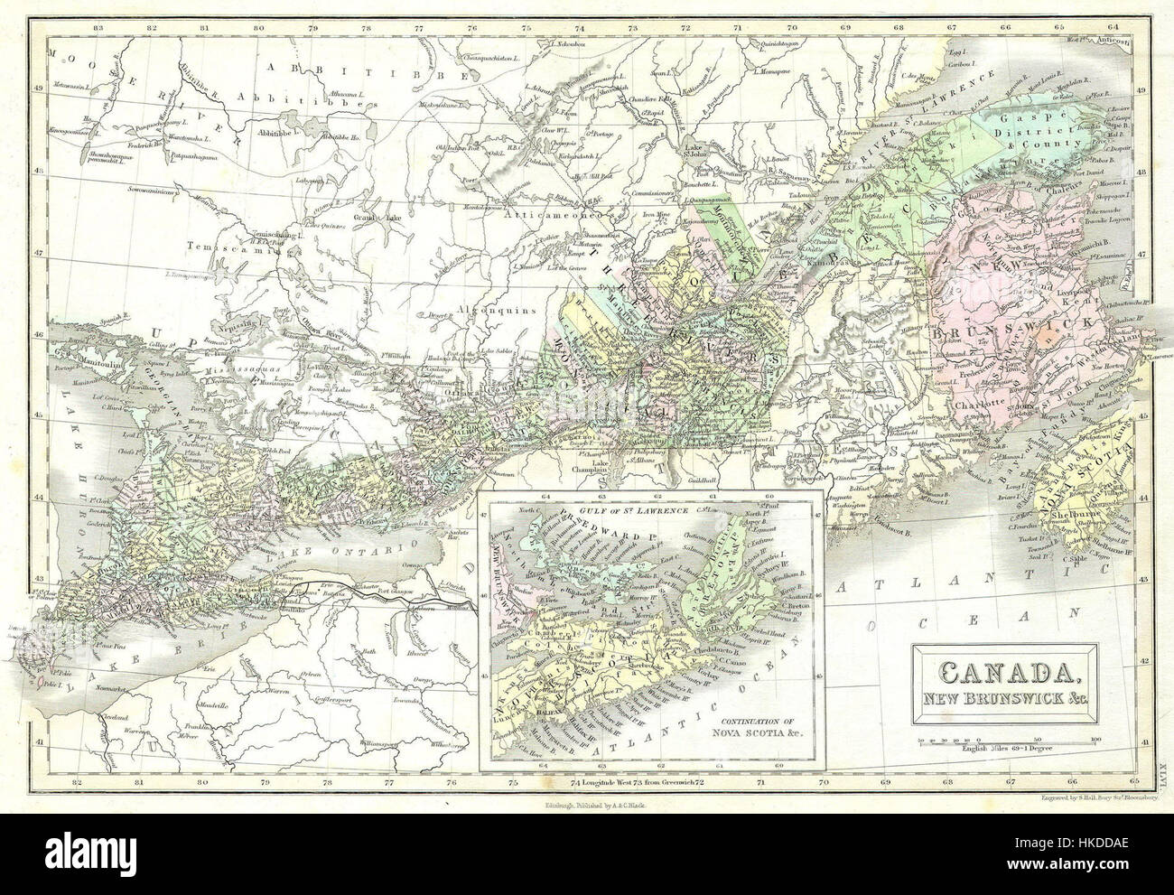 La Black Map of Eastern Canada del 1851 è un'opera cartografica storica che descrive la geografia dell'Ontario e del nuovo Brunswick. Fornisce preziose informazioni sulla topografia della regione e sui modelli di insediamento durante il XIX secolo. Foto Stock