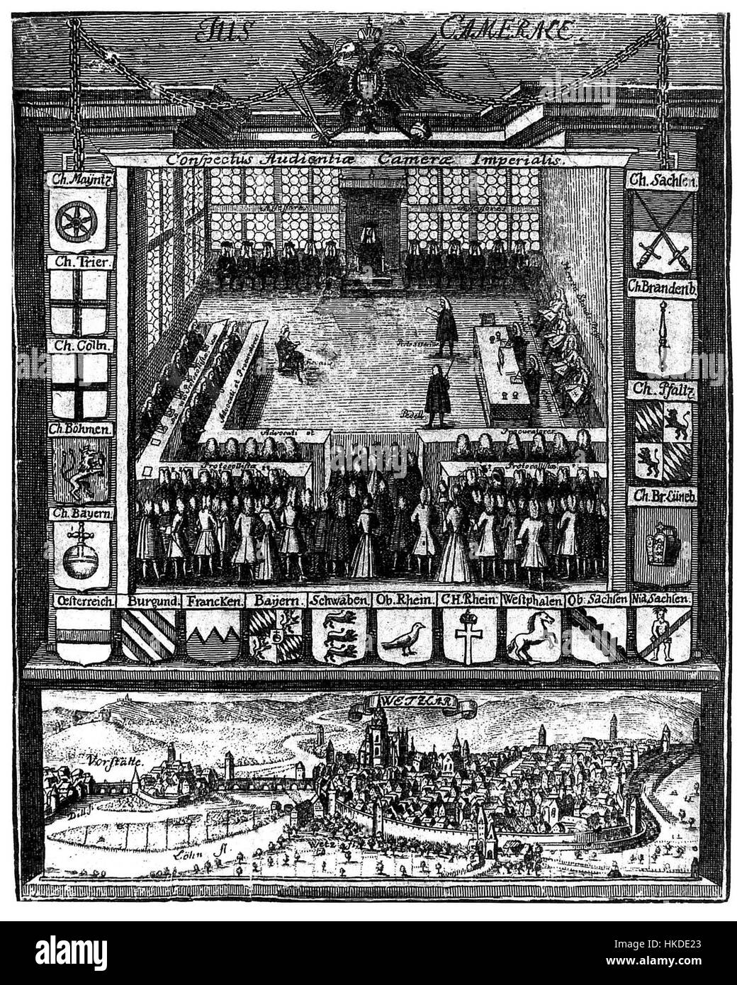 Il dipinto 'Audienz Reichskammergericht' raffigura la scena alla Corte Imperiale della camera del Sacro Romano Impero, catturando la formalità e i procedimenti giudiziari dell'epoca. L'opera riflette il significato storico di questa corte nella storia giuridica europea. Foto Stock