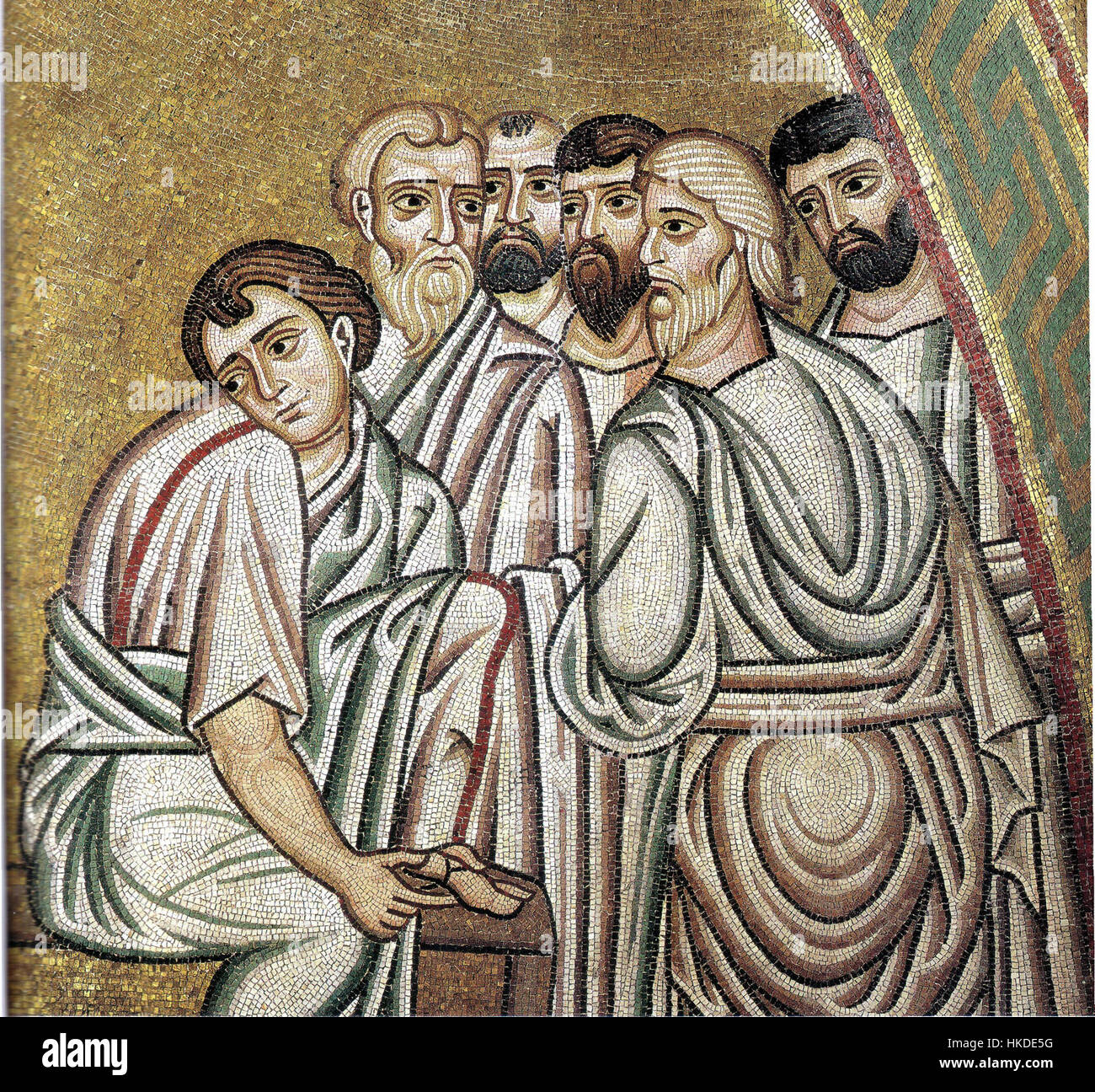 Una vista dettagliata dell'affresco della parete nord nel nartece di Hosios Loukas, raffigurante la scena biblica del "lavaggio dei piedi", simbolo di umiltà e servizio nell'arte cristiana. Foto Stock