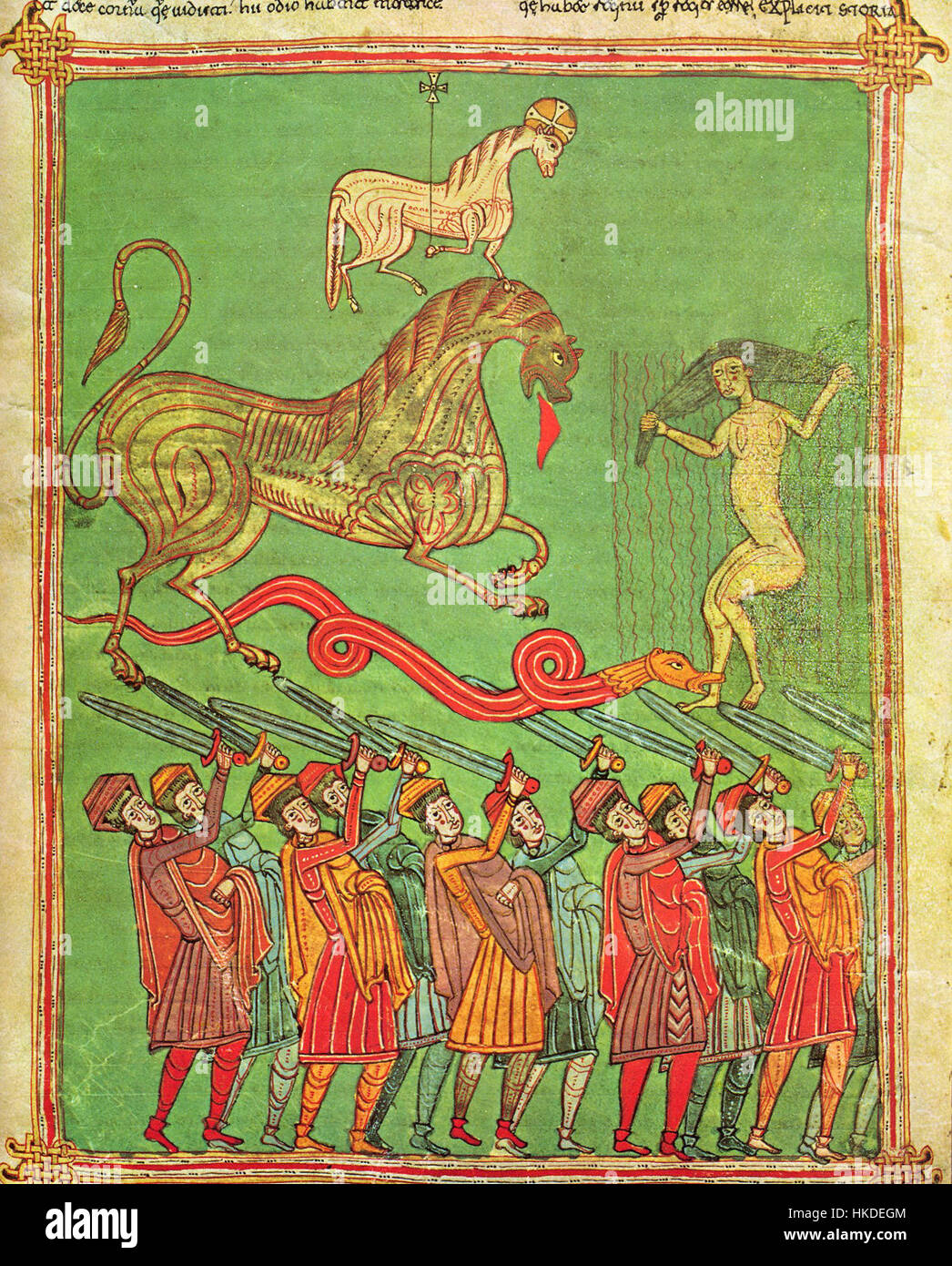 Questa opera del manoscritto "B Osma 145v" mostra intricate illustrazioni religiose, con colori vivaci e iconografia dettagliata. Fornisce approfondimenti sull'arte religiosa del periodo. Foto Stock