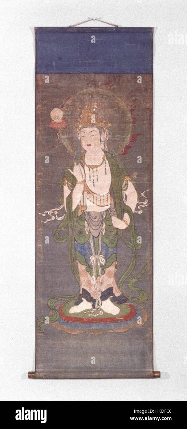Questo dipinto di pergamena buddista, ospitato nel Museo di Brooklyn, rappresenta l'arte buddista tradizionale, mostrando disegni intricati e simbolismo spirituale tipico dell'arte dell'Asia orientale del periodo. L'opera è notevole per la sua raffinata maestria artigianale e il significato religioso. Foto Stock