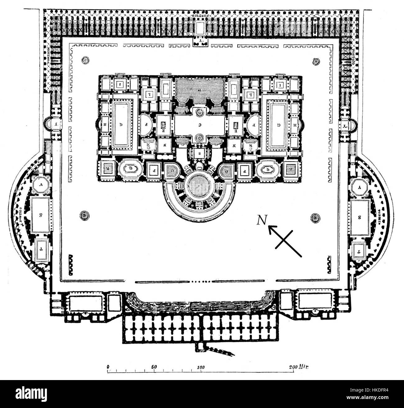 Questa opera d'arte, intitolata "Caracalla Grundriss2", illustra il layout architettonico delle Terme di Caracalla nell'antica Roma. Il disegno si concentra sul design architettonico, con i piani dettagliati di questo monumentale bagno romano. Foto Stock