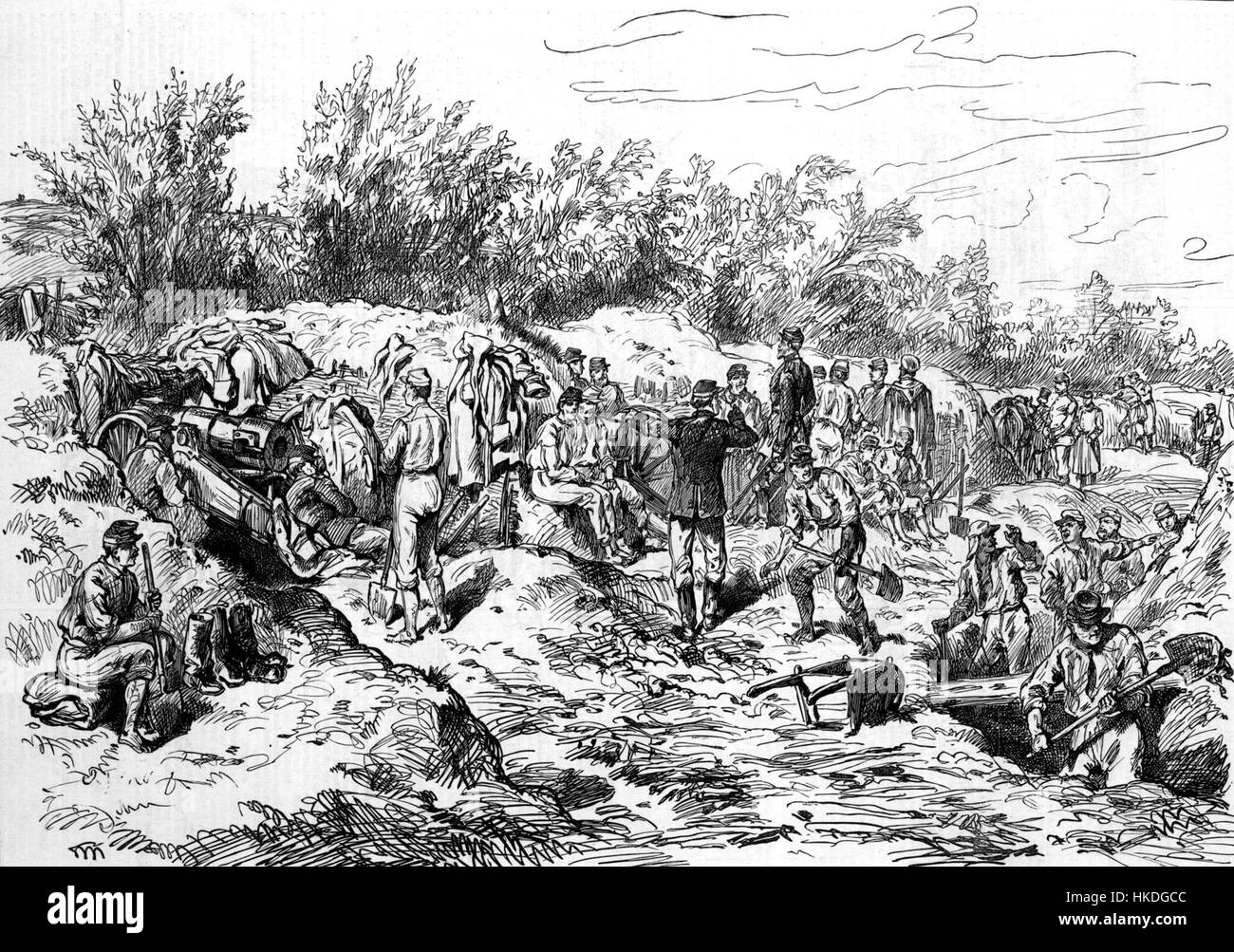 Questa opera d'arte ritrae la costruzione di una batteria militare russa sulle rive del Danubio a Oltenitza. La scena riflette il significato storico della strategia militare dell'Impero russo nella regione durante il XIX secolo. Foto Stock