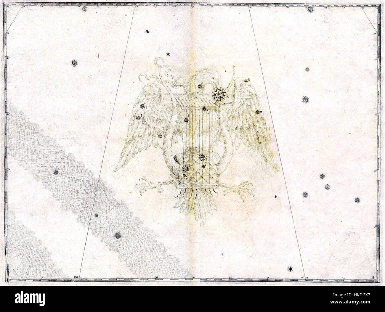 "Lyra Vega Uranometria" è un'illustrazione grafica astronomica che raffigura la costellazione Lyra e la sua stella più luminosa, Vega. L'opera riflette l'esplorazione scientifica e la mappatura celeste del XVII secolo. Foto Stock