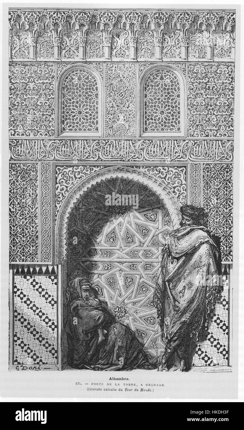 Questa porta della Torre dell'Alhambra presenta un complesso design architettonico islamico. Si tratta di un ottimo esempio dell'artigianato dell'Alhambra, un simbolo iconico dell'arte e dell'architettura moresca in Spagna, noto per i suoi motivi geometrici e i dettagli ornamentali. Foto Stock