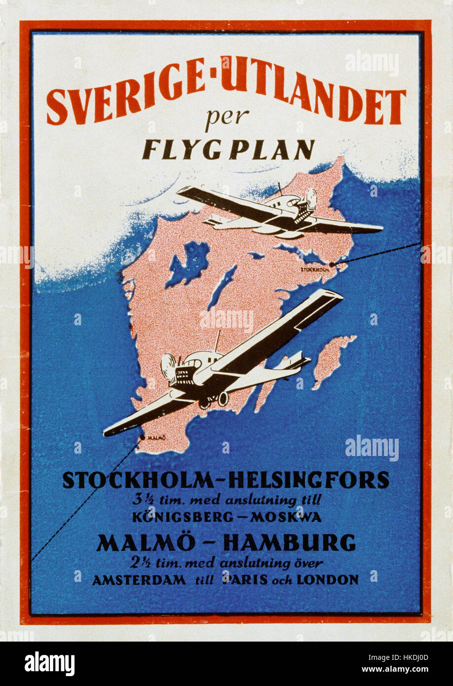 Questa pubblicità vintage AB Aerotransport degli anni '1920 promuove i servizi della compagnia aerea. La pubblicità presenta un design specifico per il periodo, che mette in evidenza le offerte della compagnia aerea e il suo posto nella storia dell'aviazione. Foto Stock