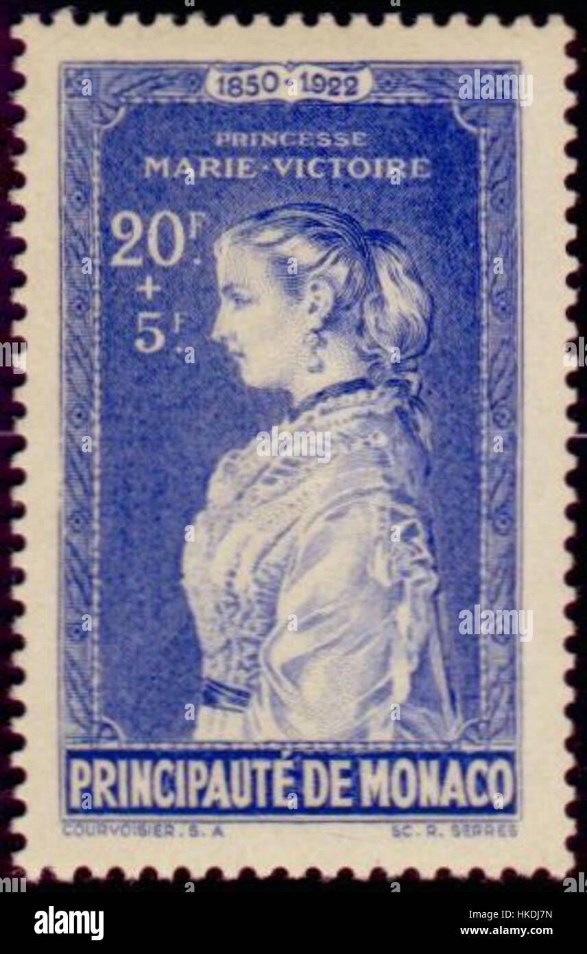 Questo francobollo non ondulato raffigura Mary Victoria Douglas Hamilton, una volta Principessa ereditaria di Monaco. Il francobollo cattura la sua somiglianza, commemorando il suo ruolo nella famiglia reale europea e il suo significato storico. Foto Stock