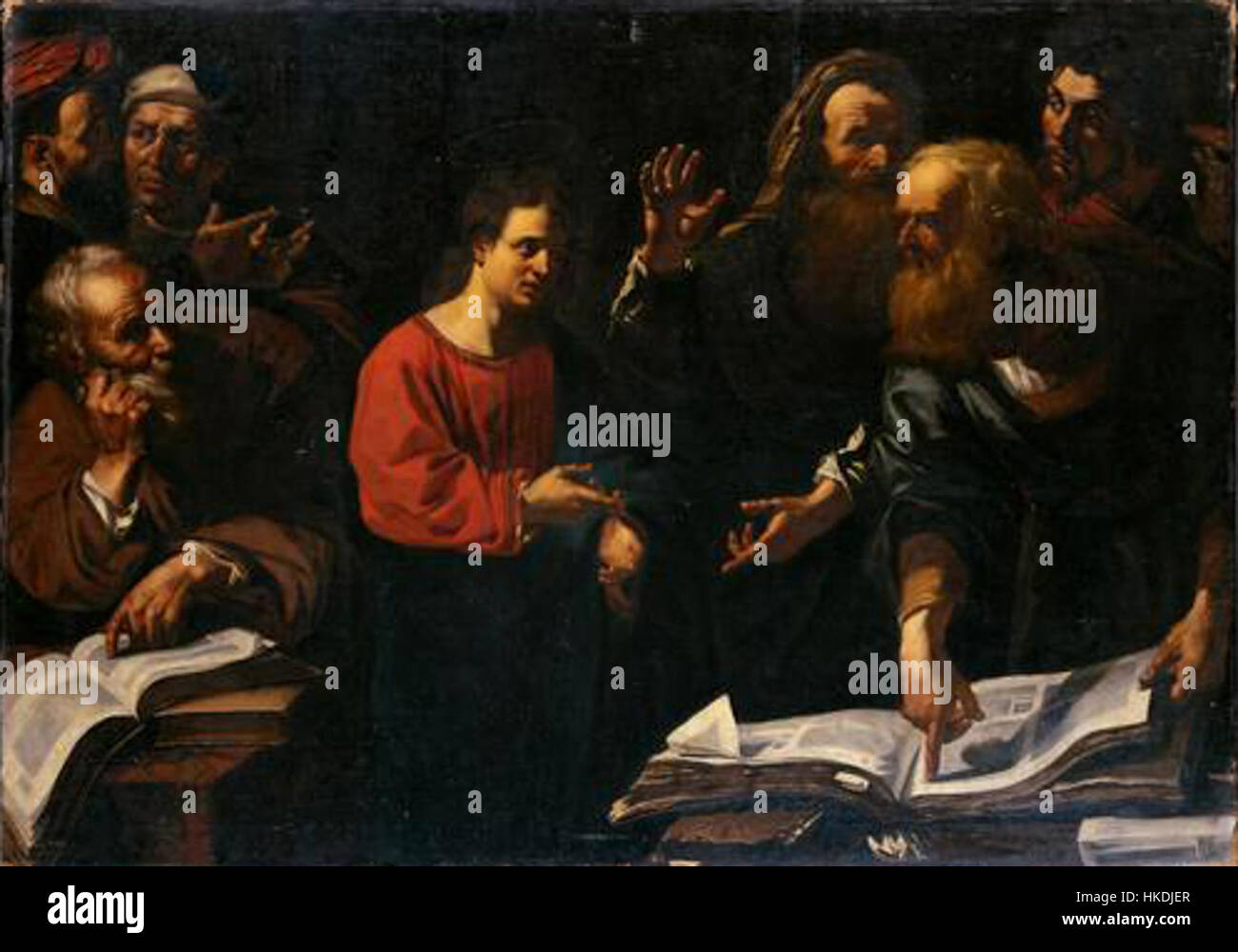 "Caravaggeschi 007" è un pezzo ispirato all'opera di Caravaggio, che riflette la caratteristica illuminazione drammatica e il realismo dell'artista. Il dipinto è un'interpretazione moderna, che mescola tecniche classiche con argomenti contemporanei. Foto Stock