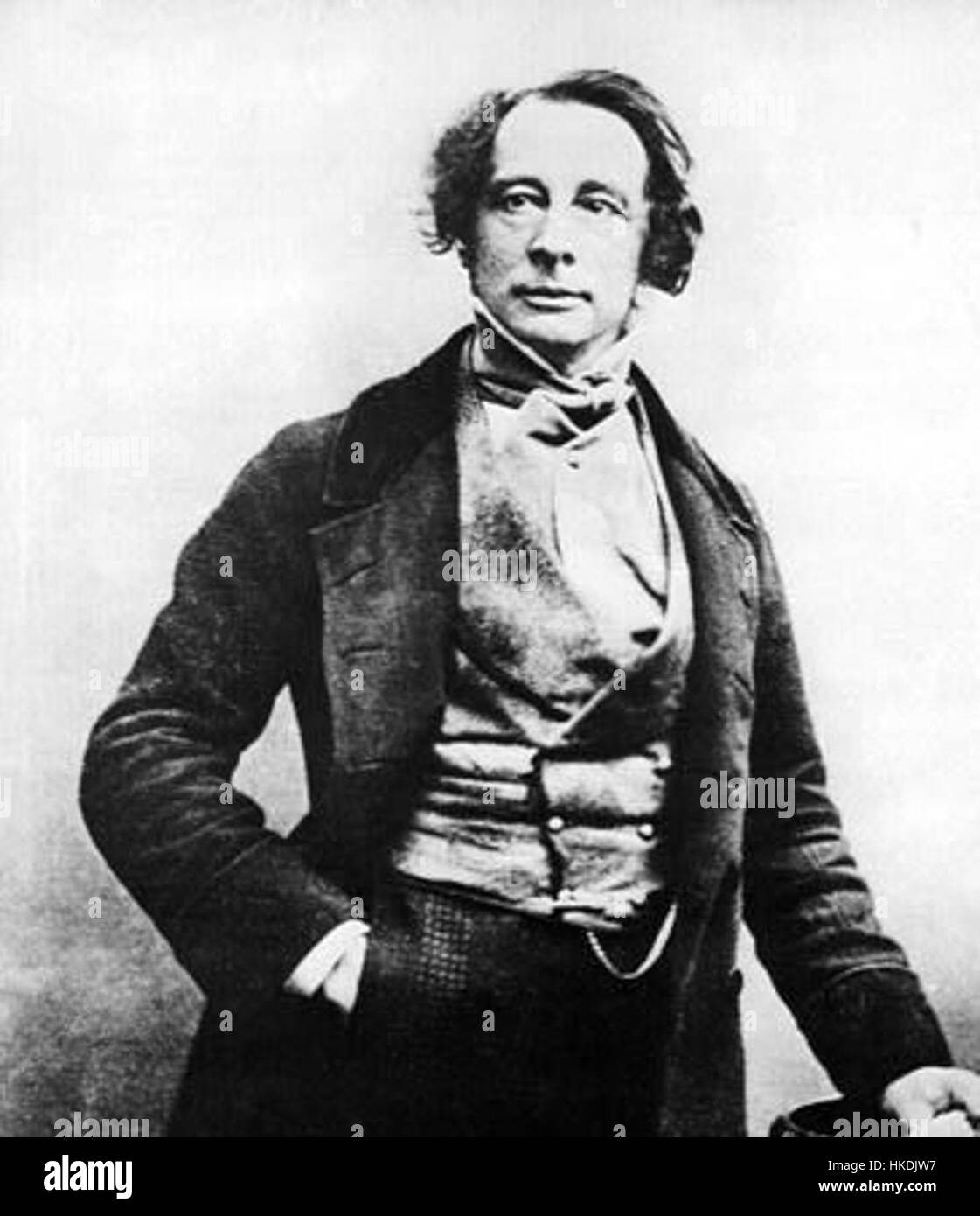 Un ritratto di Charles Dickens del 1850, catturato in uno stile vintage, che riflette il significato dell'autore nella letteratura vittoriana. Questo ritratto è un esempio di rappresentazione artistica inglese del XIX secolo di autori notevoli. Foto Stock
