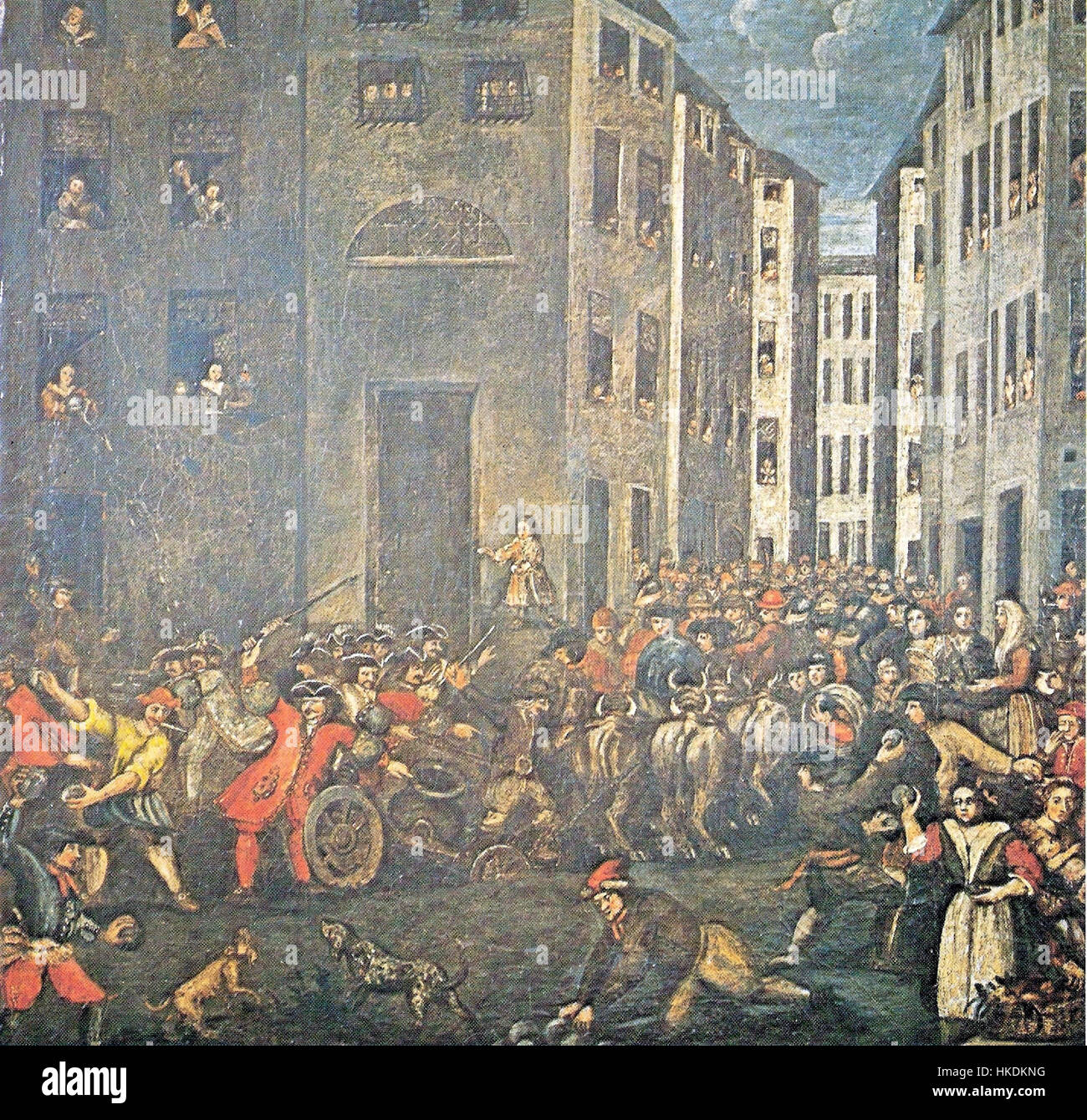 "Rivolta in Portoria col Balilla" di Giuseppe Comotto ritrae una scena storica che coinvolge la resistenza italiana durante la seconda guerra mondiale. L'opera d'arte cattura il coraggio e la sfida del popolo italiano durante la guerra. Foto Stock