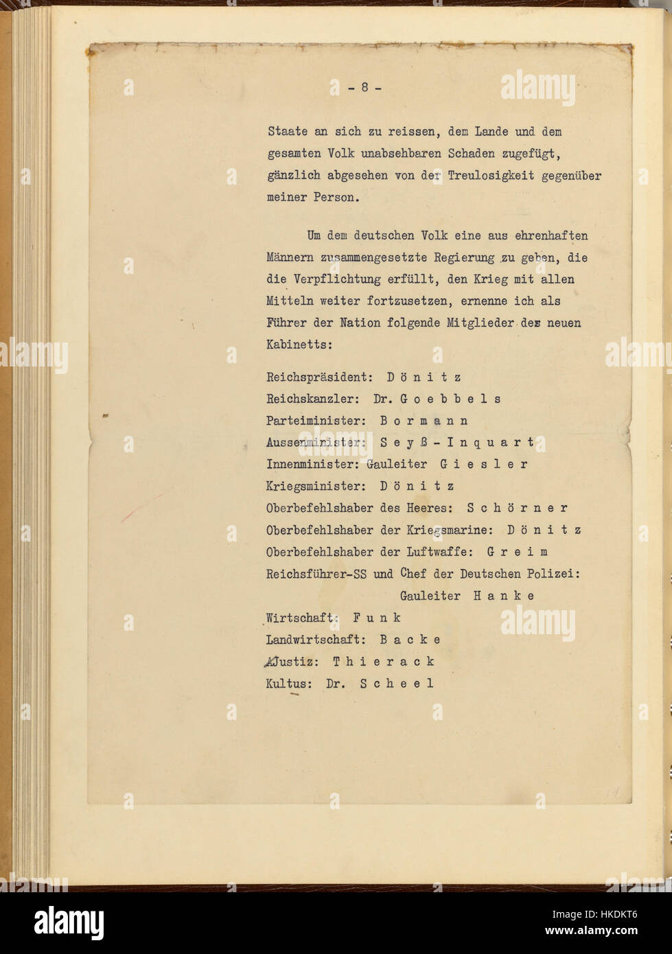 Il "Testamento politico" di Adolf Hitler, scritto nel 1945, offre una visione dei suoi pensieri politici e delle sue ideologie finali prima della sua morte. Si tratta di un significativo documento storico della seconda guerra mondiale Foto Stock
