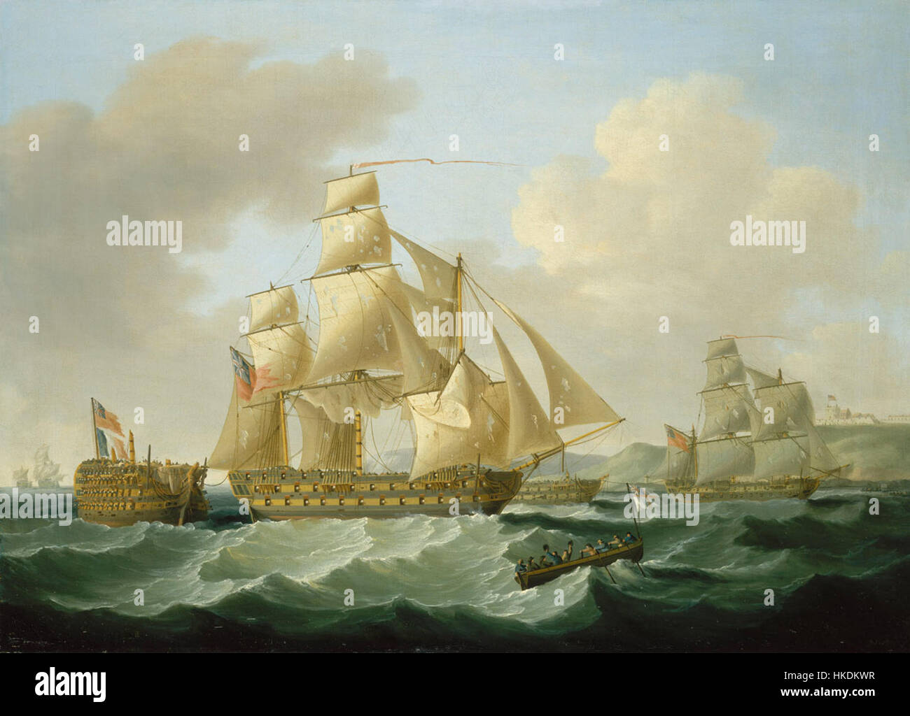 Un dipinto del 1805 di Strachan, raffigurante le conseguenze della battaglia di Trafalgar, dove le navi britanniche portarono a casa i loro premi catturati. L'opera evidenzia la vittoria navale e la processione delle navi a premio. Foto Stock