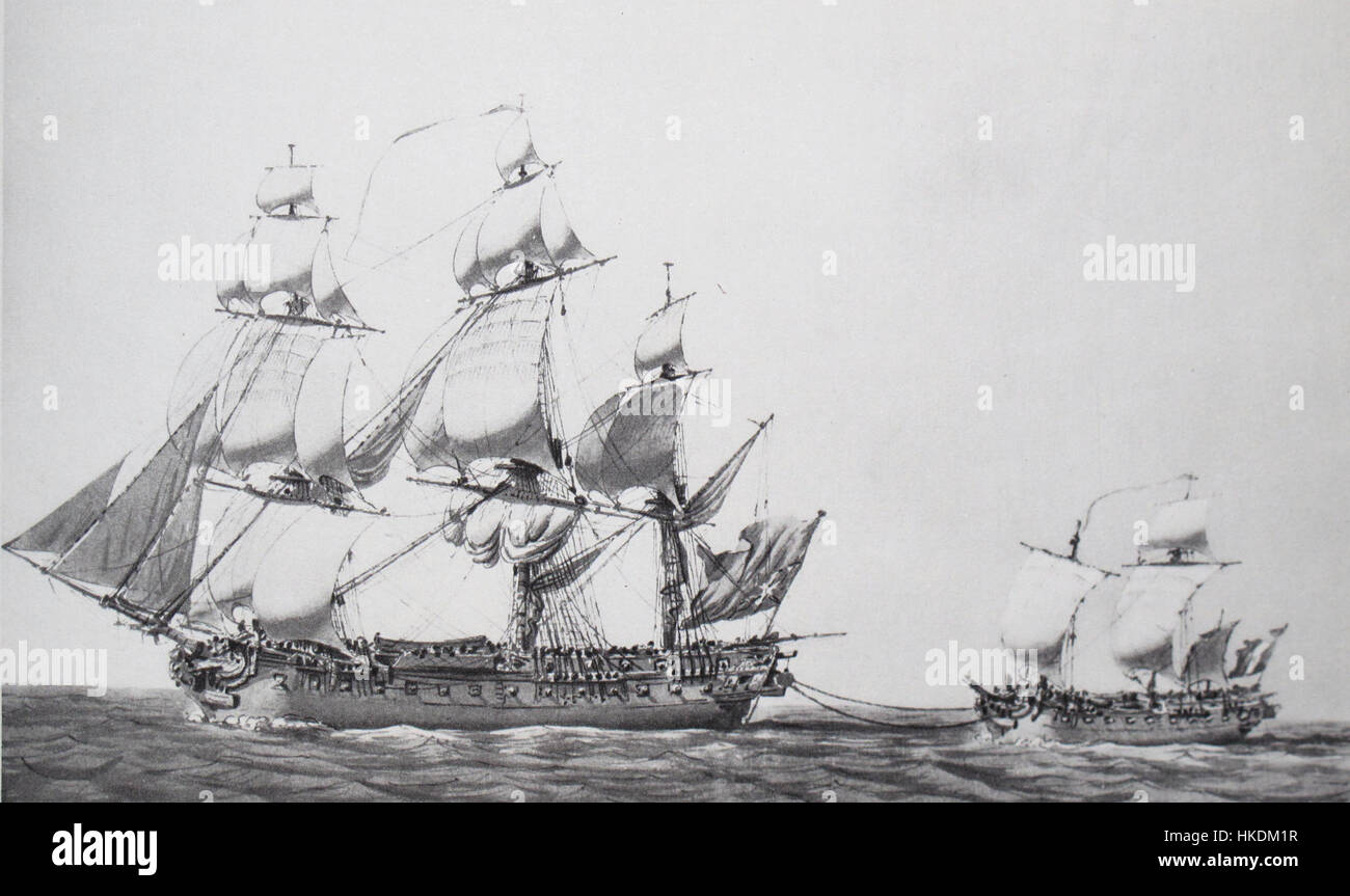 "Ambuscade vs Bayonnaise" di Ozanne raffigura una scena di battaglia navale, evidenziando il dinamico conflitto marittimo tra due navi francesi durante il XVIII secolo. Foto Stock