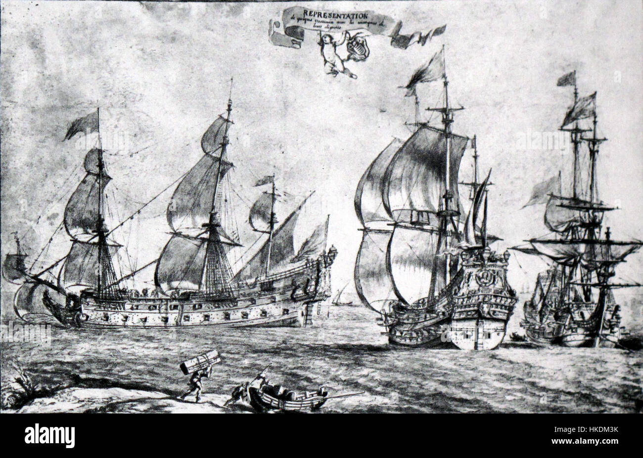 Il dipinto di "navi francesi di linea" di Pierre Puget cattura la grandezza della guerra navale durante il XVII secolo. L'opera mostra le navi francesi in battaglia, dimostrando la padronanza di Puget nei soggetti navali e la precisione storica nella cattura di scene marittime. Foto Stock