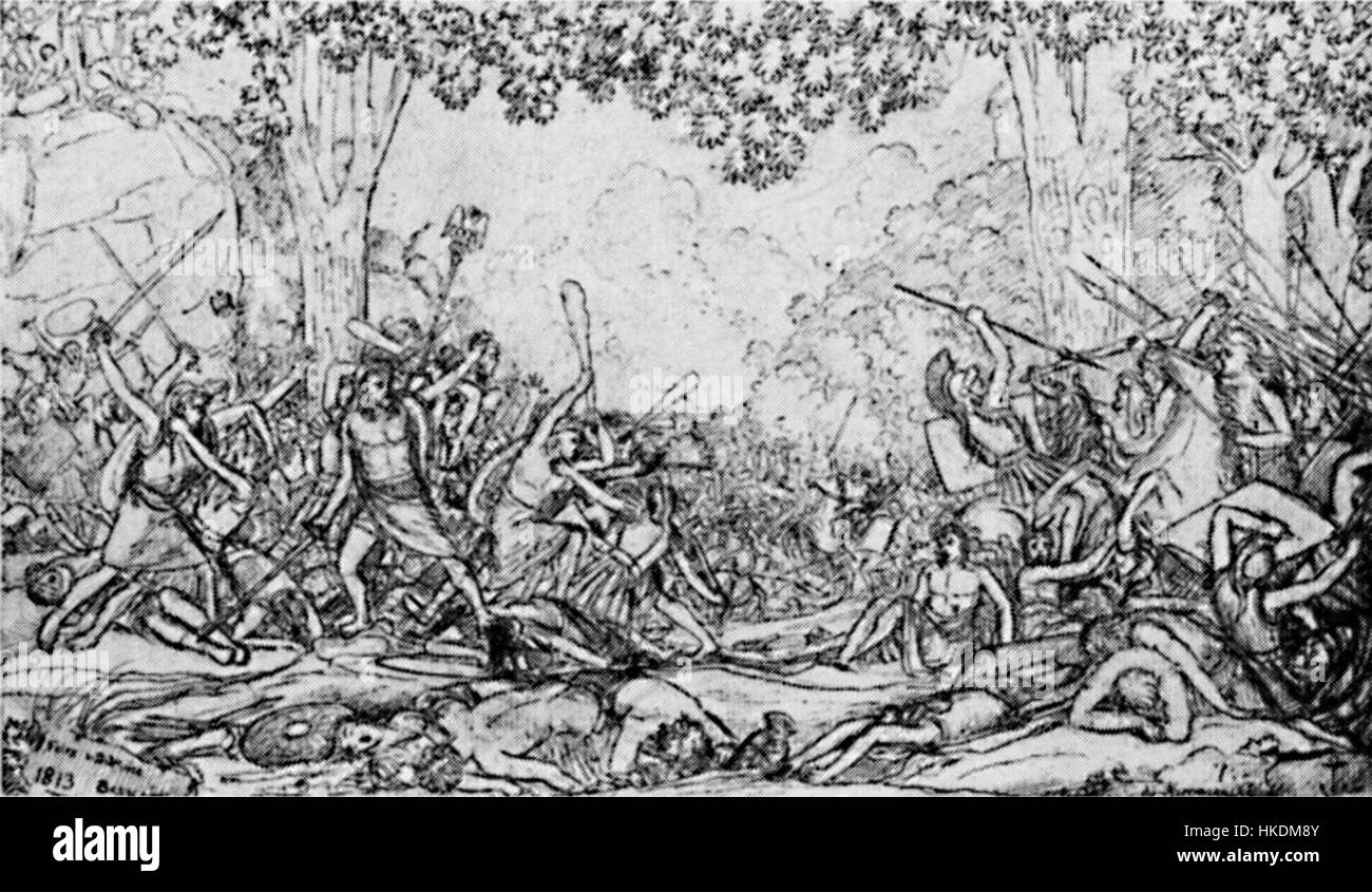 Hermannsschlacht (1813) è un dipinto storico che raffigura la battaglia di Hermann, nota anche come battaglia della foresta di Teutoburgo, dove le tribù germaniche sconfissero l'Impero Romano. L'opera d'arte cattura l'intensità e il significato di questo momento cruciale nella storia europea. Foto Stock