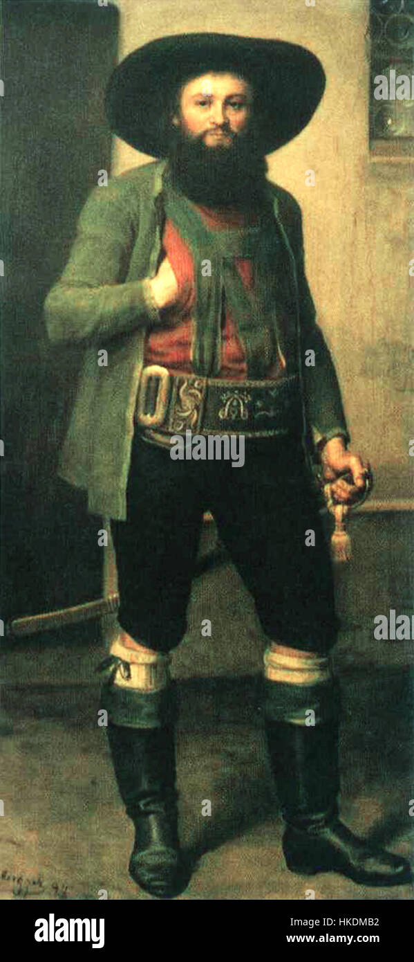 Questo dipinto ad olio raffigura Andreas Hofer, il patriota tirolese e leader durante le guerre napoleoniche, che indossa un cappello. Il pezzo riflette il suo significato nella storia tirolese e la resistenza contro l'occupazione straniera. Foto Stock