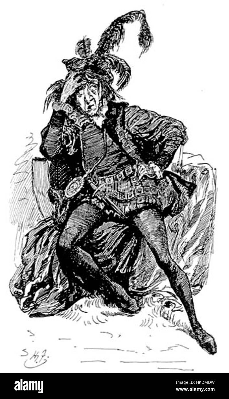 "Mr Wopsle as Amleto" di Harry Furniss cattura una scena dell'Amleto di Shakespeare, con Mr. Wopsle che interpreta il ruolo iconico. Questa illustrazione umoristica e satirica è un notevole esempio di caricatura britannica del XIX secolo. Foto Stock