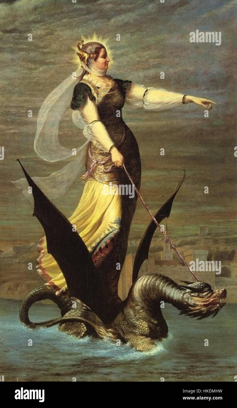 Questa opera raffigura la Tarrasque, una leggendaria creatura del folklore francese, spesso raffigurata come una temibile bestia simile a un drago. Il pezzo cattura l'essenza mitica di questa creatura in uno stile dinamico e drammatico. Foto Stock