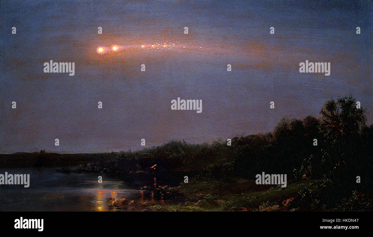 "Meteor of 1860" di Frederic Church è un suggestivo paesaggio che raffigura un raro evento meteorologico, catturando la bellezza di una pioggia di meteoriti. L'opera della Chiesa è rinomata per la sua vivida rappresentazione della natura e dei fenomeni celesti. Foto Stock