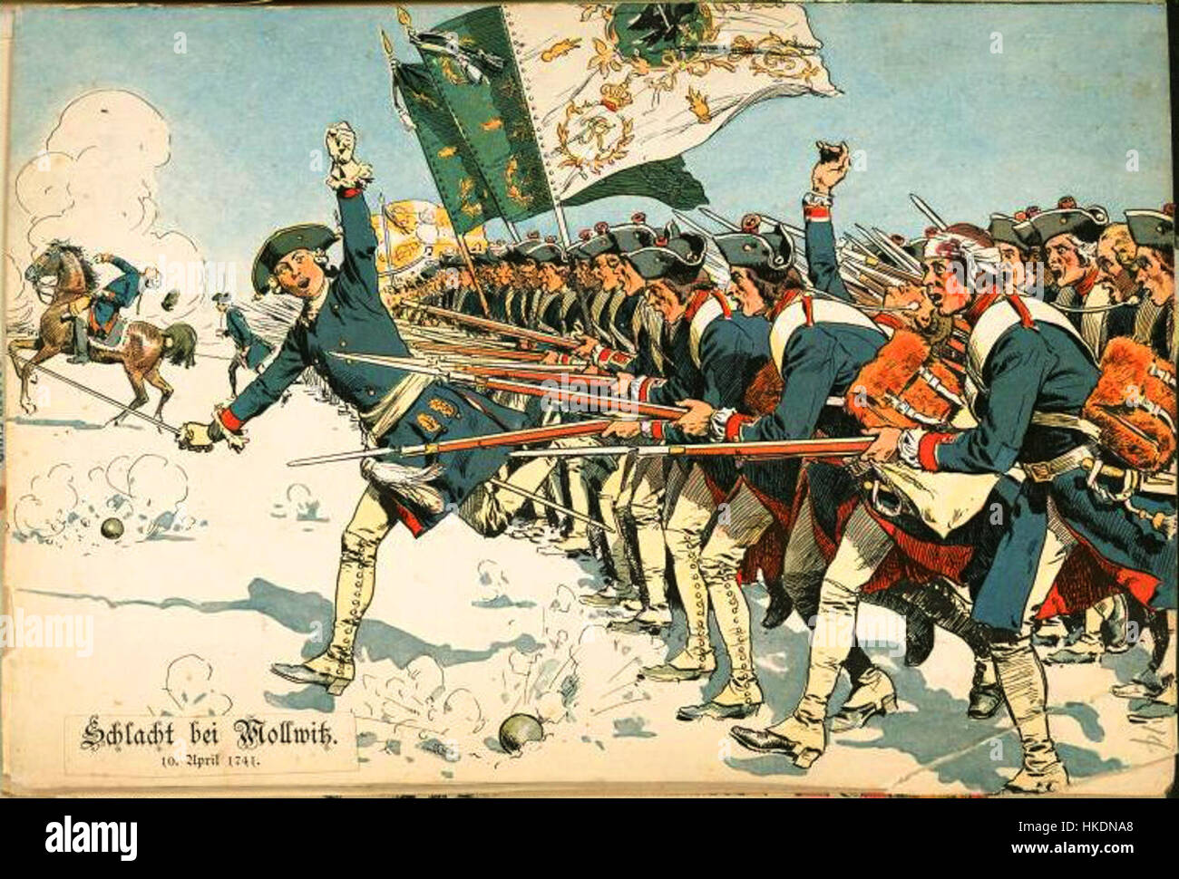 Questo dipinto cattura un momento significativo durante la battaglia di Mollwitz nel 1741, dove l'esercito prussiano combatté contro le forze austriache. Il pezzo mostra i movimenti tattici, le uniformi e le armi utilizzate in questo importante scontro militare storico, che fu un punto di svolta per la storia militare prussiana. Foto Stock
