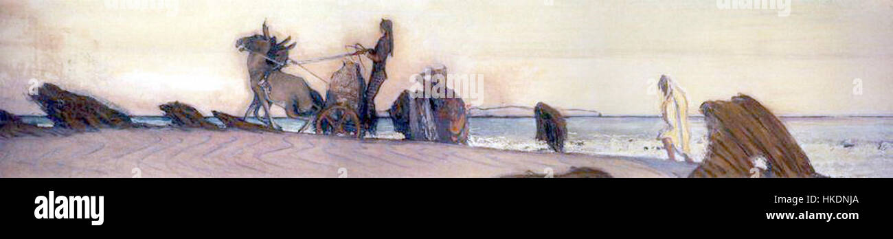 Il disegno del 1910 di Valentin Serov "Odisseo e Nausicaa" cattura il mitico incontro tra l'eroe greco e la principessa. L'opera riflette la capacità di Serov di fondere realismo con temi mitologici, catturando sia l'intimità che la tensione emotiva della scena. Il lavoro di Serov è noto per la sua rappresentazione dettagliata e l'esplorazione di temi classici attraverso una lente moderna. Foto Stock