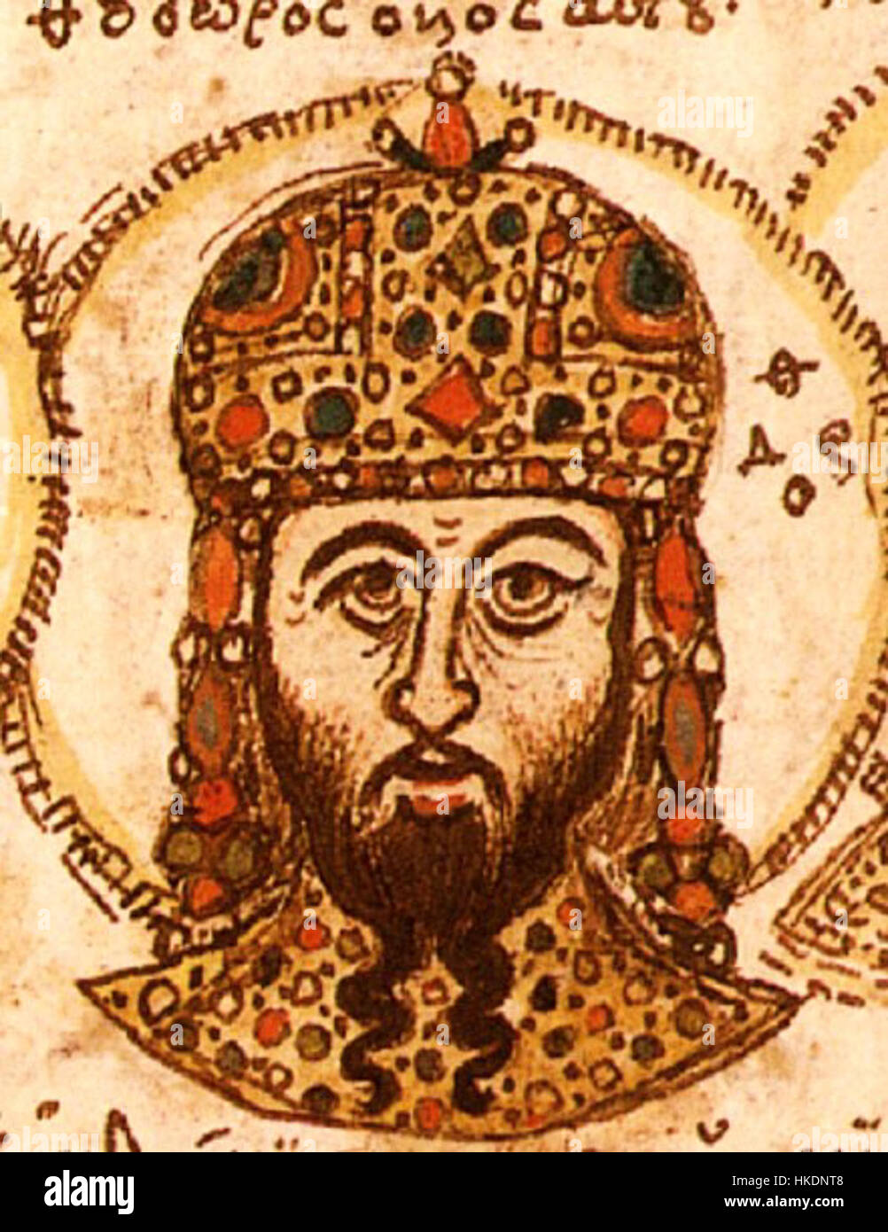 Un dipinto in miniatura di Teodoro II Laskaris, che cattura la somiglianza dell'imperatore bizantino nei minimi dettagli. L'opera rappresenta lo stile ritratto in miniatura dell'epoca, evidenziando l'aspetto regale dell'imperatore. Foto Stock