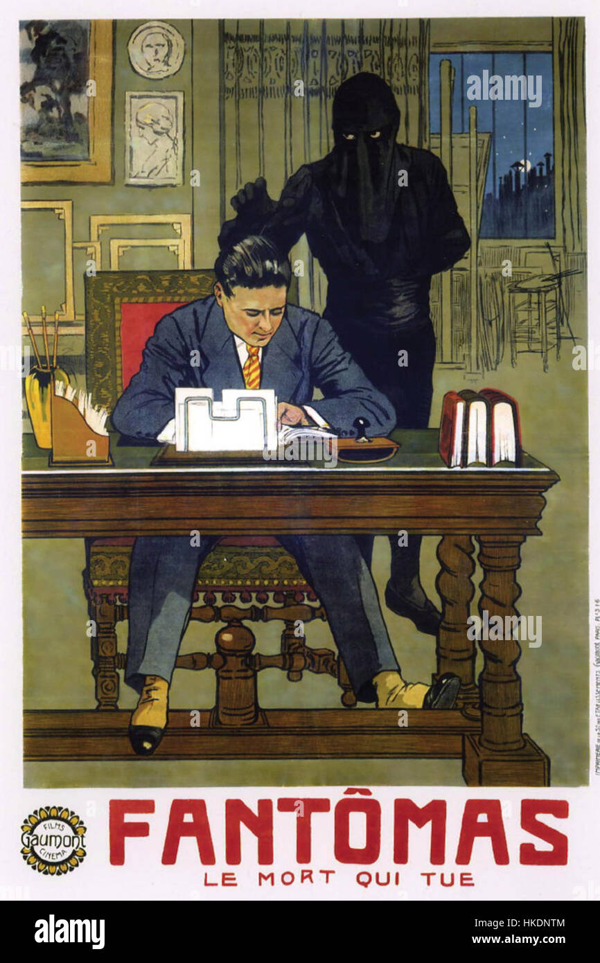 "Fantomas Mortquitue" è un'opera d'arte drammatica a tema scuro che raffigura una figura misteriosa, ispirata al famoso personaggio criminale francese Fantomas. Il pezzo riflette un uso intenso di ombre e composizioni guidate dai personaggi, evidenziando gli elementi misteriosi e macabri del soggetto. Foto Stock