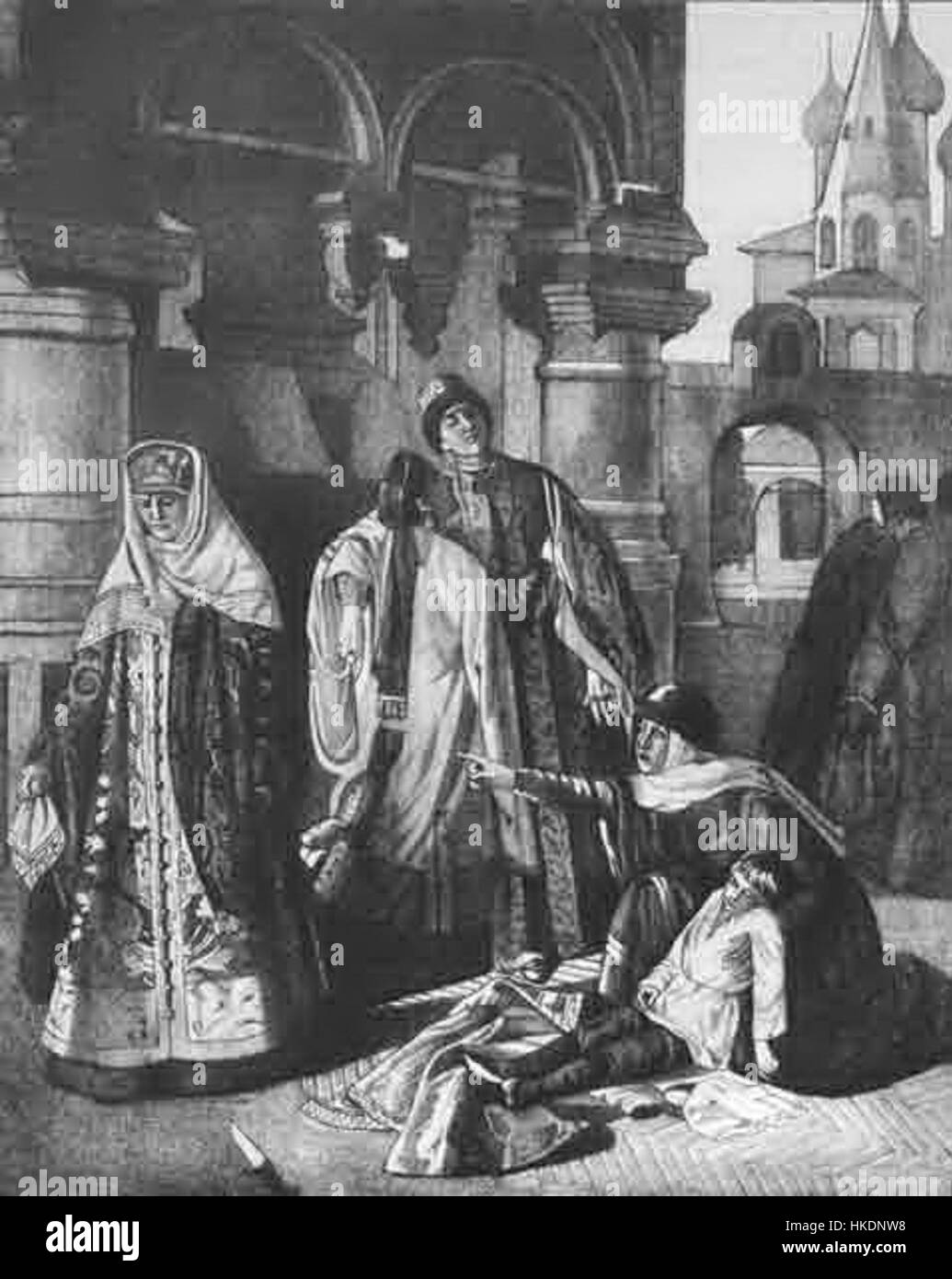 Questo dipinto raffigura la tragica morte dello zarevic Dmitry, il figlio più giovane dello zar Ivan il terribile della Russia. L'opera d'arte ritrae l'evento storico che circonda la sua misteriosa morte, che rimane oggetto di speculazioni nella storia russa. Foto Stock