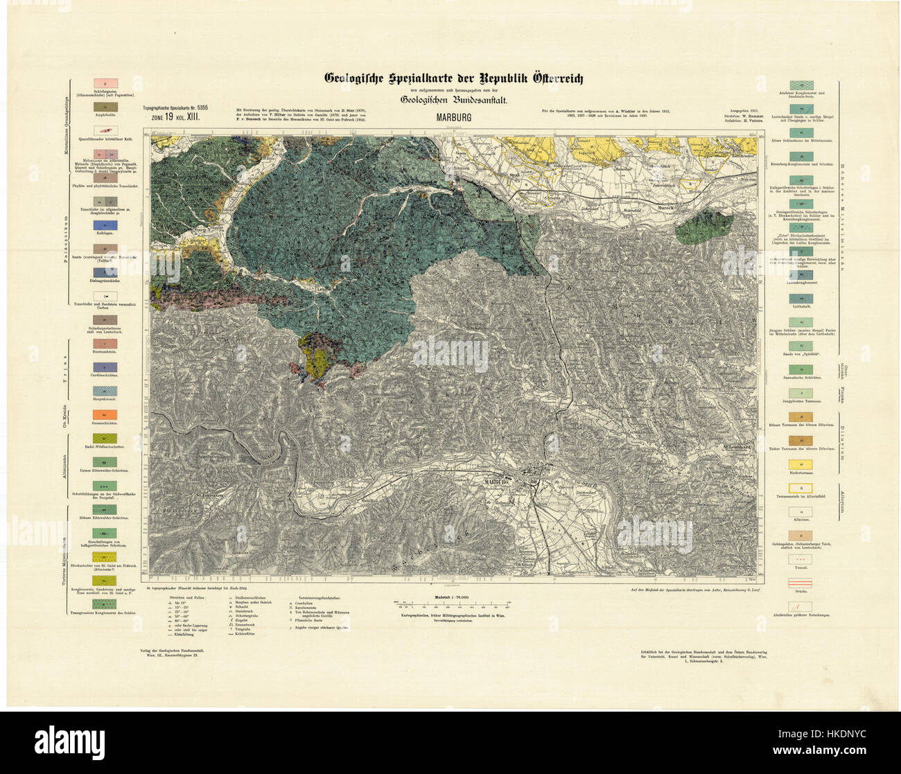 La "Geologische Karte Marburg 1930" è una mappa geologica che mostra le caratteristiche geologiche della regione di Marburgo in Germania. Questa mappa è un prezioso documento storico, che riflette lo studio scientifico delle formazioni geologiche della zona dei primi anni del XX secolo. Foto Stock