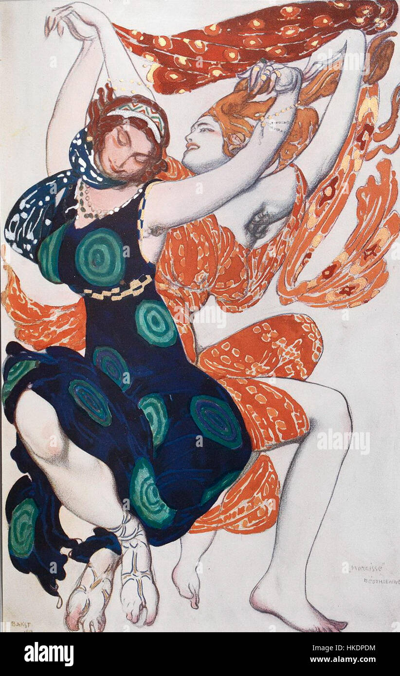 Leon Bakst era un importante pittore e scenografo russo noto per il suo lavoro con i Ballets Russes. Il suo stile artistico mescolava colori vivaci ed elementi teatrali, contribuendo al fascino drammatico dell'arte dei primi anni del XX secolo. Foto Stock