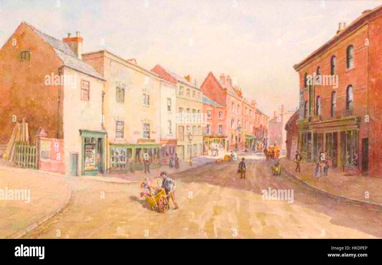 Questa immagine storica cattura Bold Lane a Derby nel 1895. Riflette l'ambiente architettonico e sociale dell'Inghilterra del tardo XIX secolo, offrendo uno sguardo sul paesaggio stradale di Derby durante il periodo. La fotografia fornisce informazioni preziose sullo sviluppo urbano e sulla vita quotidiana di una città britannica in quel momento. Foto Stock