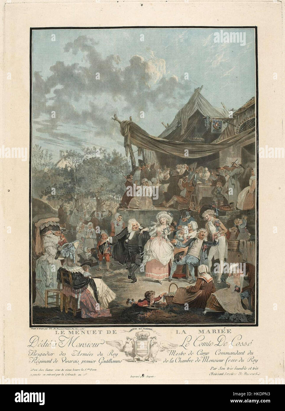 Il "Minuetto della sposa" di Philibert Louis Debucourt è un dipinto ad olio finemente dettagliato che mostra un momento grazioso di un tradizionale matrimonio francese del XVIII secolo. Sottolinea i rituali sociali del tempo e l'eleganza della danza. Foto Stock