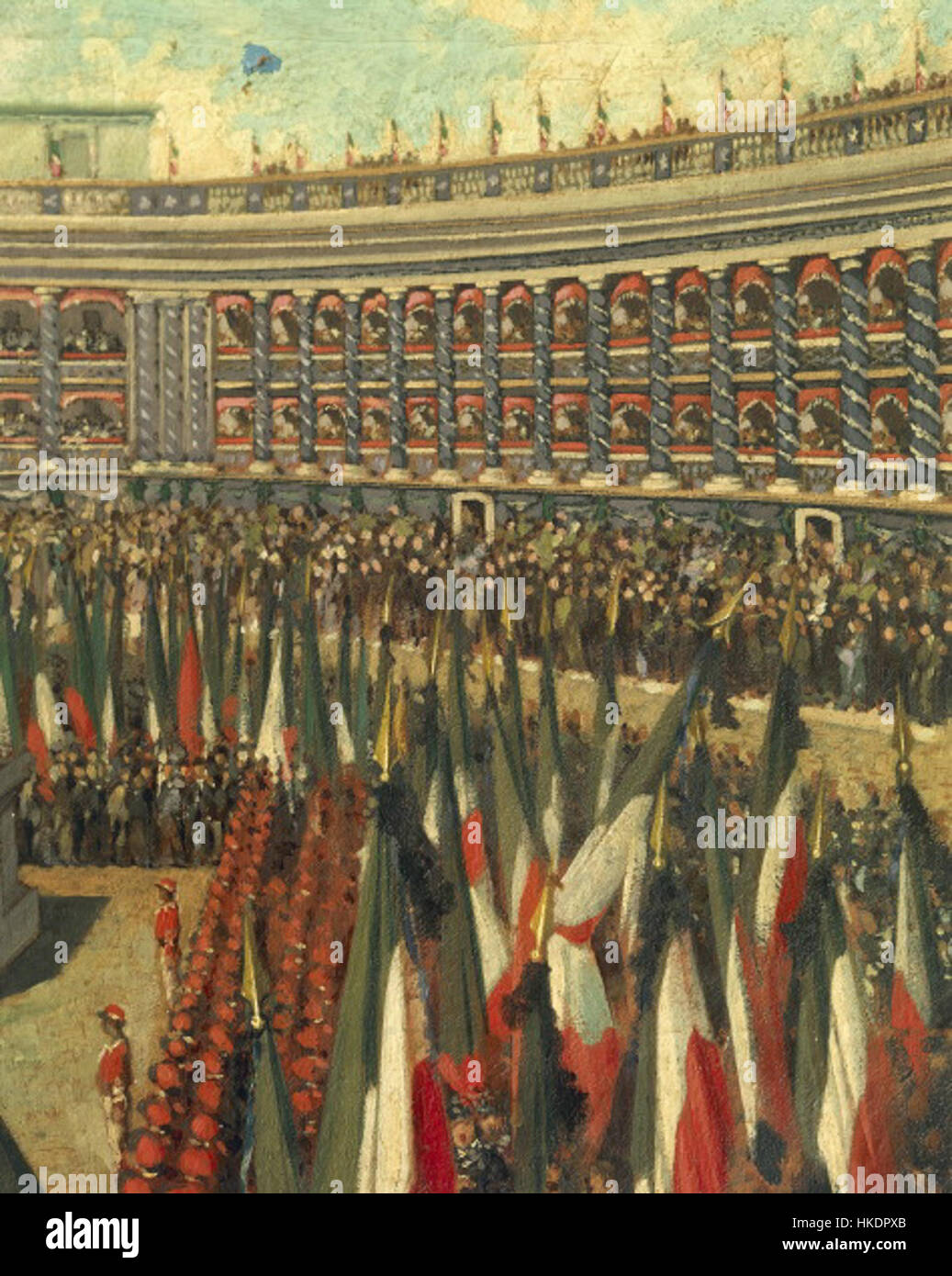 Questo dipinto storico raffigura le celebrazioni in onore di Giuseppe Garibaldi all'Arena Sferisterio di Macerata. La scena mostra una folla riunita all'aperto, con bandiere italiane e decorazioni festose che segnano l'evento in onore dell'eroe nazionale. Foto Stock