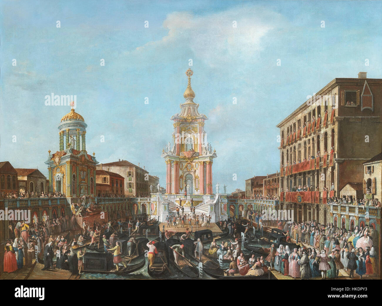 La celebrazione delle nozze del Delfino di Francia è un dipinto di scuola veneziana del 1745, che raffigura la celebrazione del matrimonio del Delfino di Francia e dell'infanta Maria Teresa di Spagna presso l'ambasciata francese a Venezia. Foto Stock