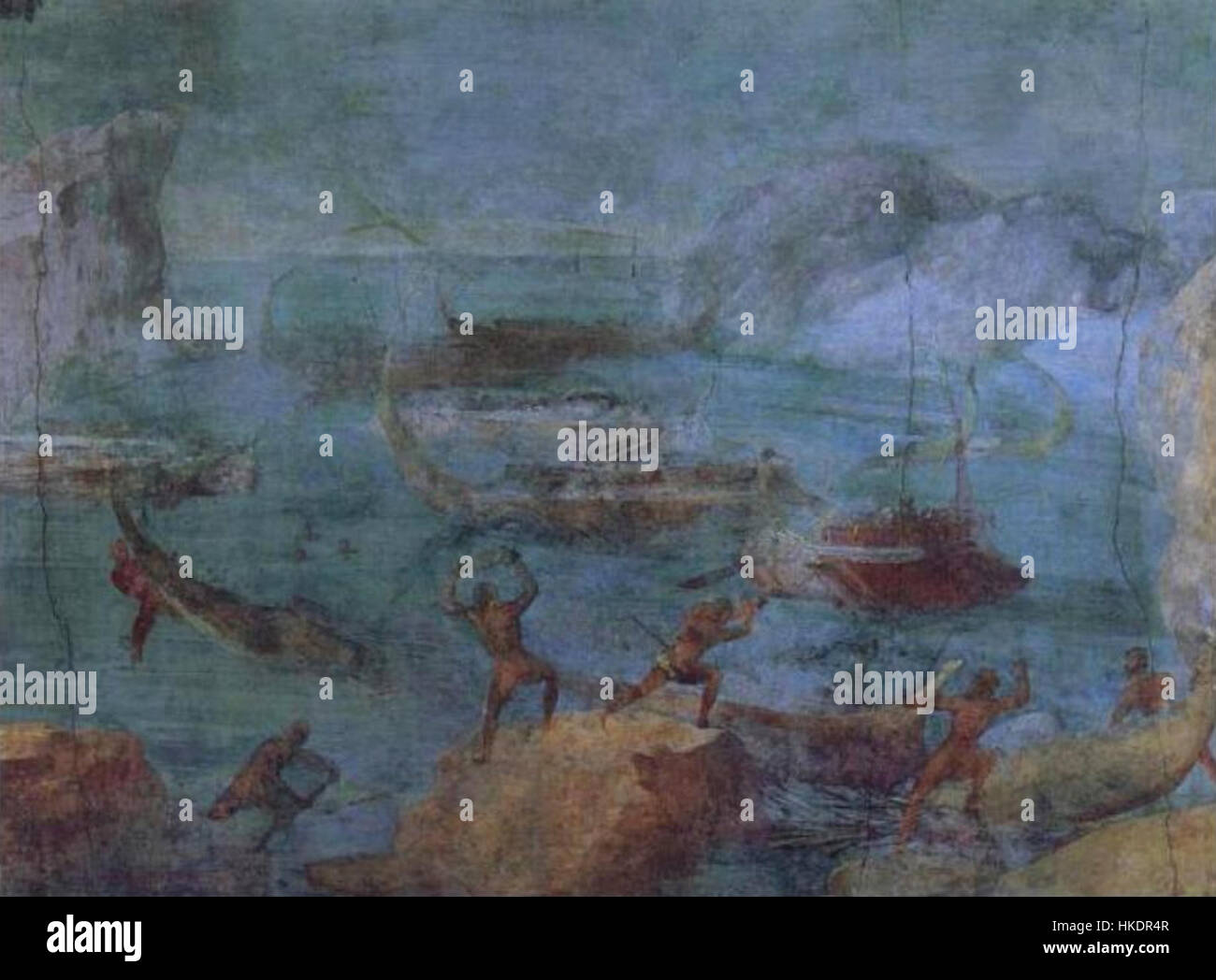 Questo dipinto raffigura la scena mitica dell'Odissea di Omero, dove i laestrigoni attaccano la flotta di Ulisse lanciando enormi rocce. L'artista cattura il momento drammatico con intense emozioni e temi classici, riflettendo i pericoli affrontati da Ulisse durante il suo viaggio. Foto Stock