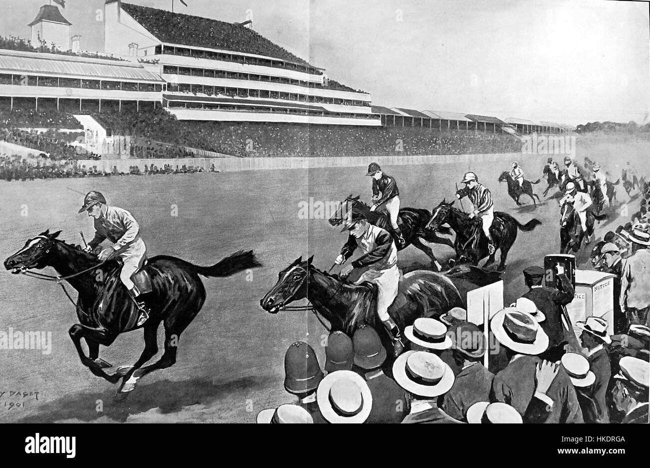 Il dipinto del Derby del 1901 cattura l'emozione e la grandezza della famosa corsa di cavalli che si tiene in Inghilterra. L'opera d'arte mette in mostra gli spettatori, i cavalli e l'atmosfera emozionante che circonda questo evento storico. Foto Stock