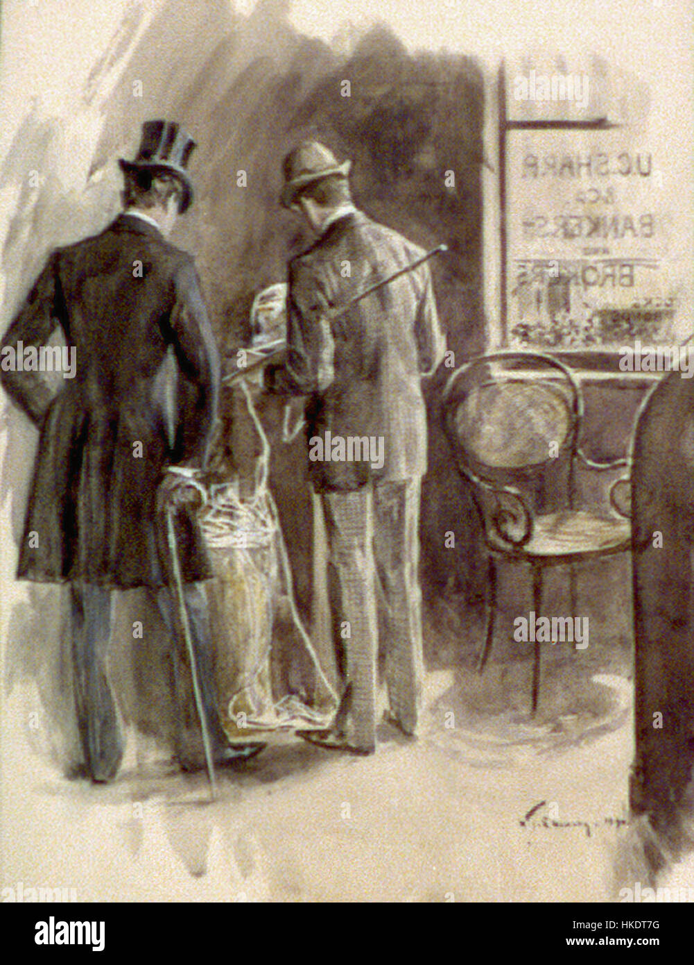 Un'opera d'arte d'epoca del 1894, raffigurante un broker che gestisce il nastro adesivo. Il pezzo cattura l'essenza dell'attività finanziaria del tardo XIX secolo e include dettagli intricati tipici dello stile artistico del periodo. Questo pezzo rappresenta momenti storici della cultura della borsa e degli uffici. Foto Stock