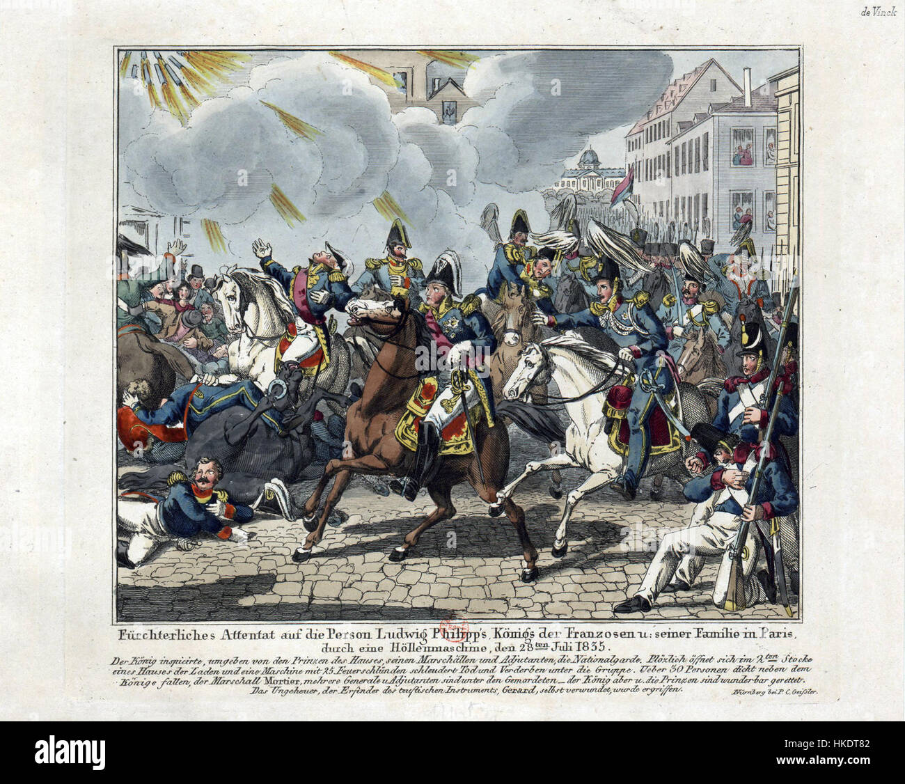 Questo pezzo drammatico, intitolato "Fuerchterliches Attentat auf die person Ludwig Philipps", raffigura l'attacco violento alla persona di Ludwig Philipps. Il dipinto cattura il momento di angoscia e caos, mostrando la capacità dell'artista di trasmettere emozione e tensione. Si erge come una testimonianza della turbolenza del periodo storico in cui è stato creato. Foto Stock