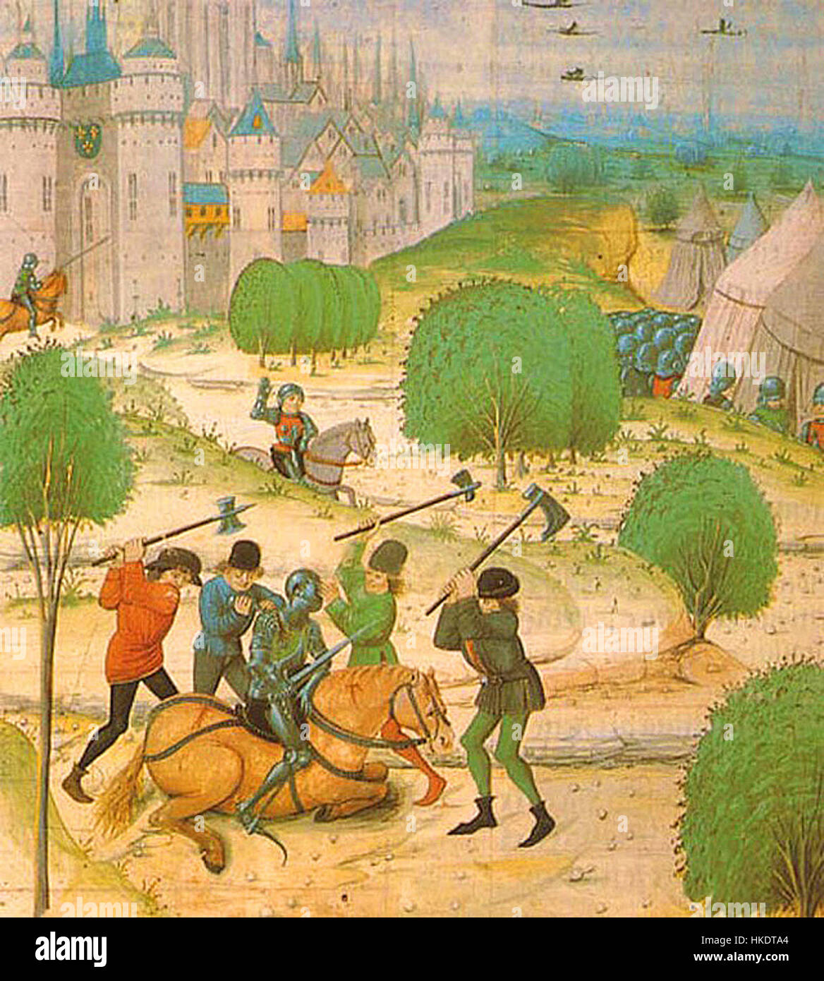 "Chroniques de Froissard" illustra una scena della storia medievale francese, raffigurante contadini che massacrano un nobile. Questa potente immagine riflette le tensioni sociali e i conflitti violenti che si sono verificati in Francia durante la guerra dei cent'anni. Il lavoro è un ricordo delle dure realtà della società feudale. Foto Stock