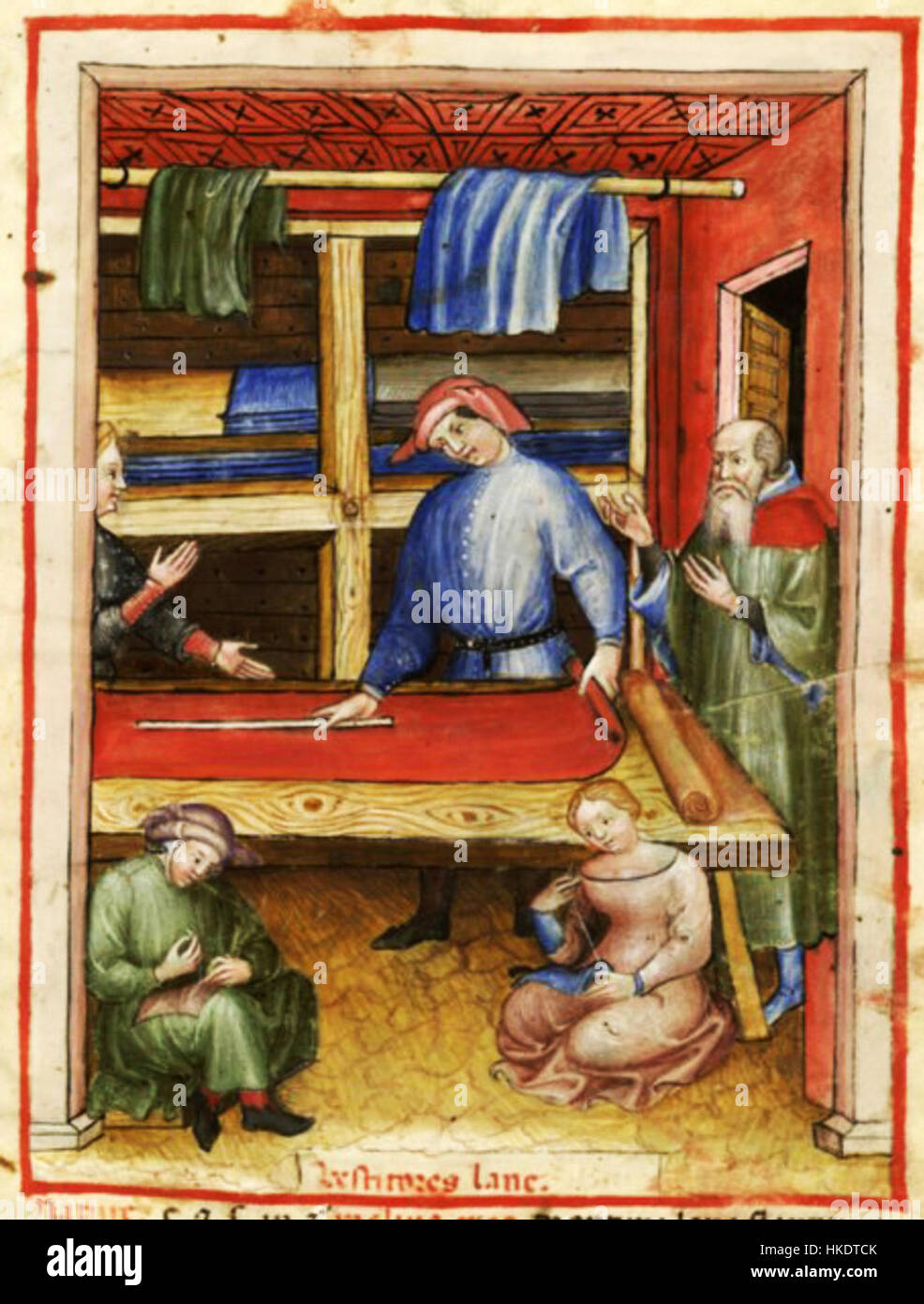 Un'illustrazione manoscritta medievale del "Tacuinum Sanitatis", che mostra individui che indossano abiti di lana. Questo lavoro evidenzia l'importanza della lana nell'abbigliamento medievale e il suo ruolo nella salute e nel benessere durante il periodo. Foto Stock