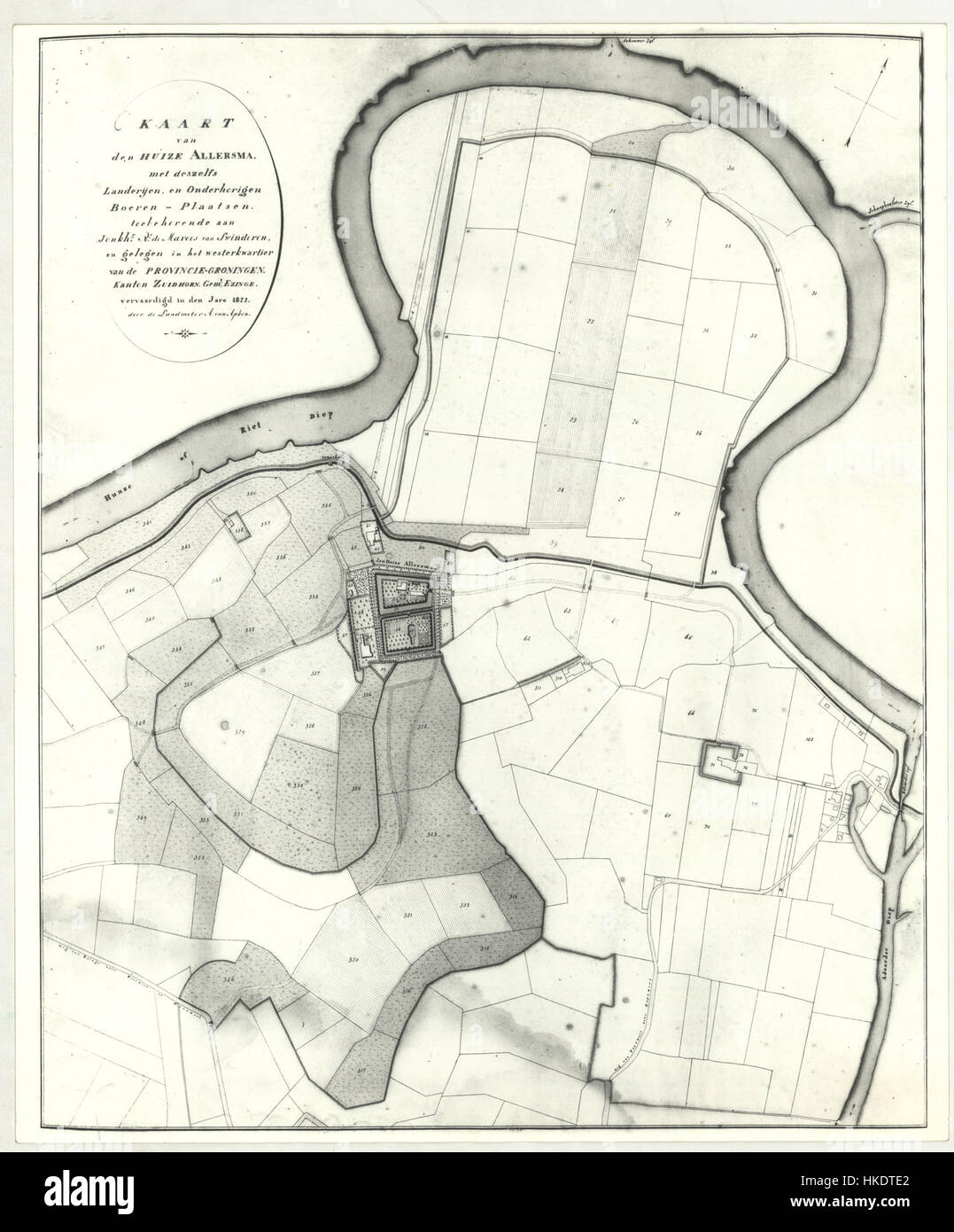 Questa mappa, 'Allersma Kaart Apken' del 1822, illustra la disposizione geografica dell'area di Apken. Serve come documento storico dell'uso del territorio e della pianificazione territoriale durante i primi anni del XIX secolo in Europa. Foto Stock